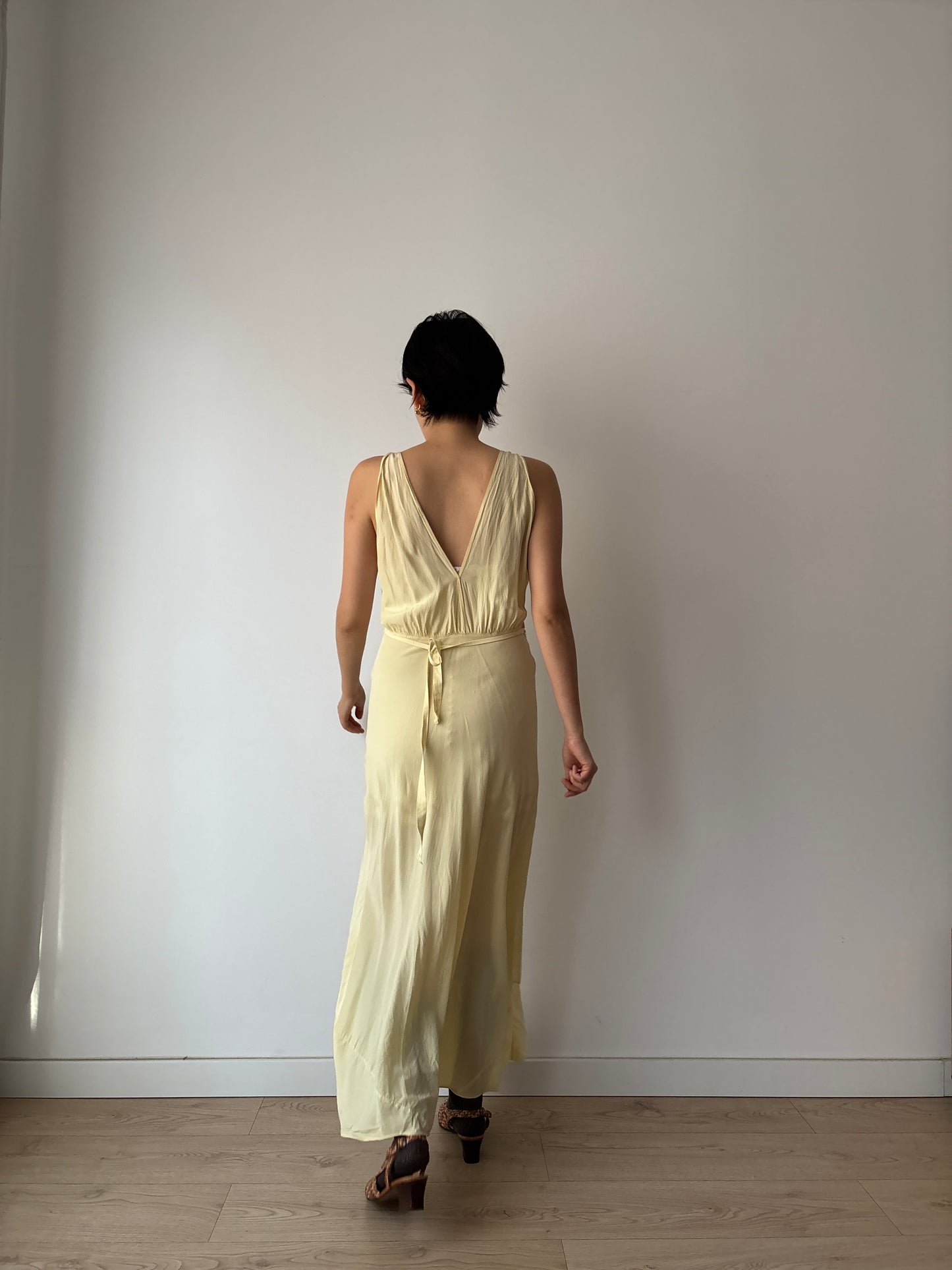 1940s Yellow Lace Floral Embroidered Satin Slip Dress: Bias Cut Maxi