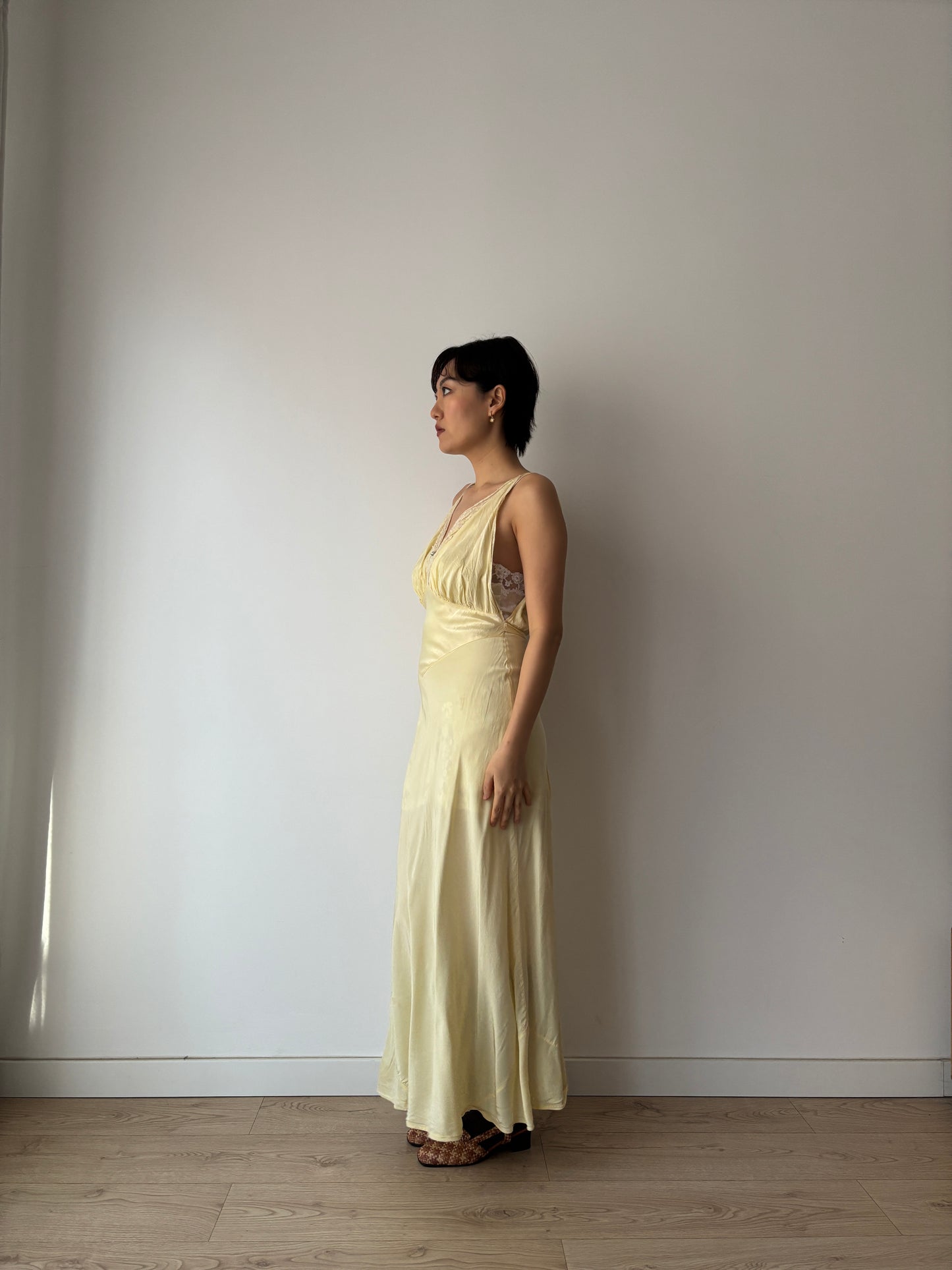 1940s Yellow Lace Floral Embroidered Satin Slip Dress: Bias Cut Maxi