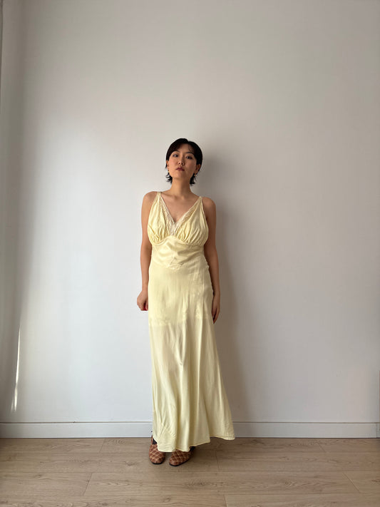 1940s Yellow Lace Floral Embroidered Satin Slip Dress: Bias Cut Maxi