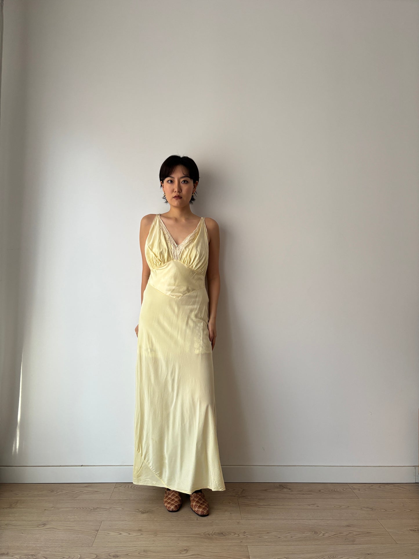 1940s Yellow Lace Floral Embroidered Satin Slip Dress: Bias Cut Maxi