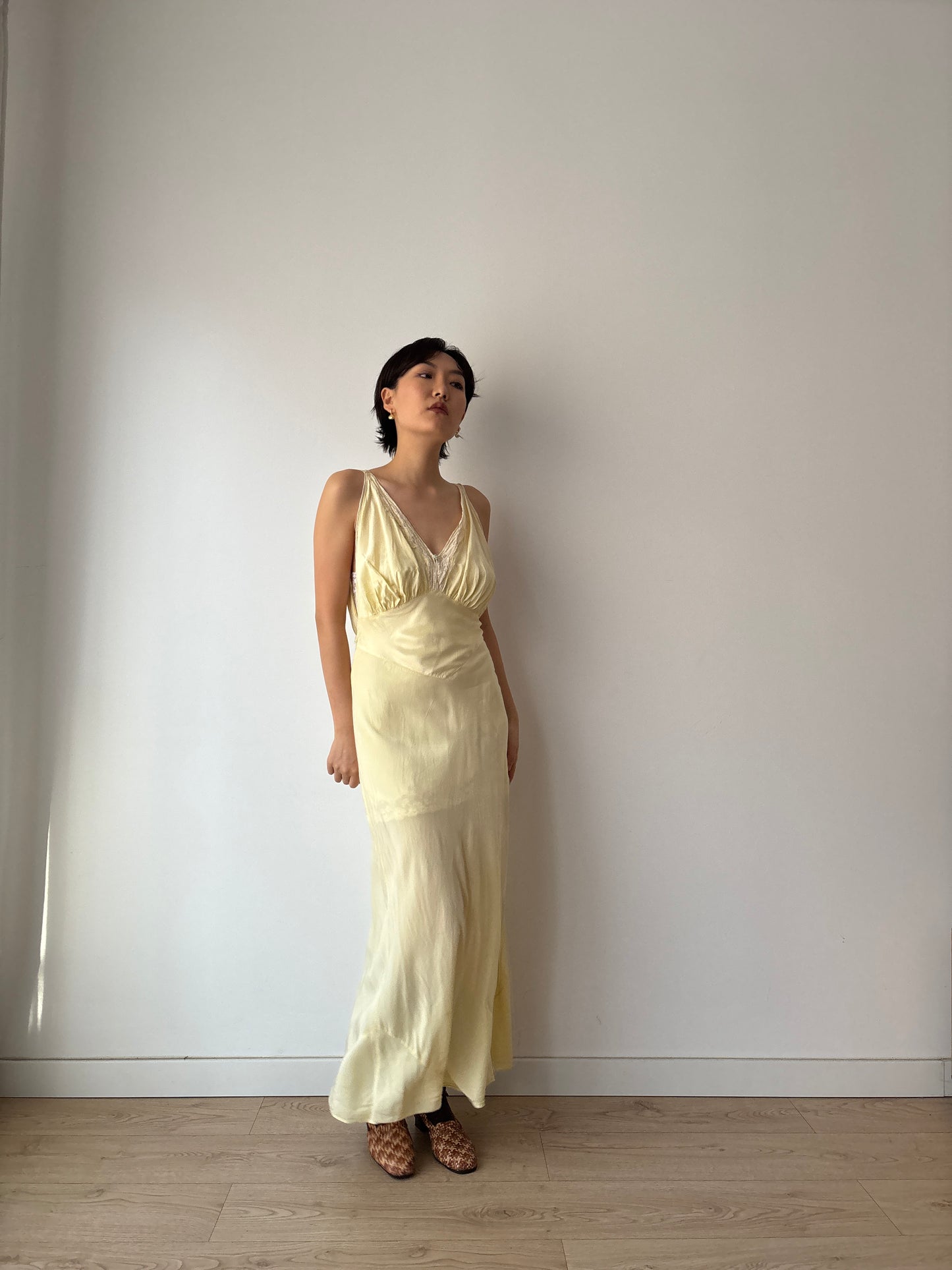 1940s Yellow Lace Floral Embroidered Satin Slip Dress: Bias Cut Maxi