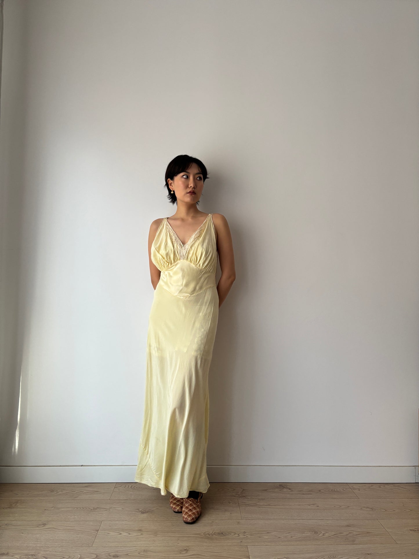 1940s Yellow Lace Floral Embroidered Satin Slip Dress: Bias Cut Maxi