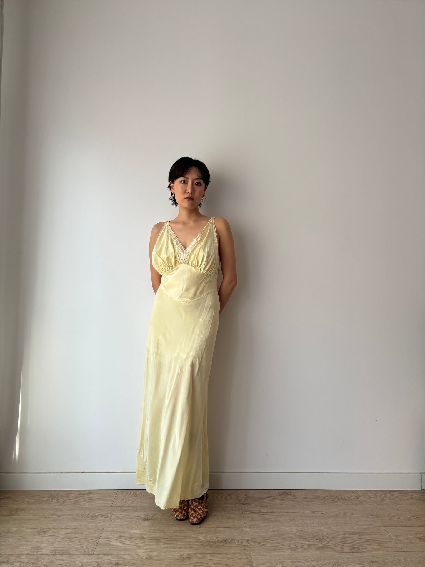 1940s Yellow Lace Floral Embroidered Satin Slip Dress: Bias Cut Maxi