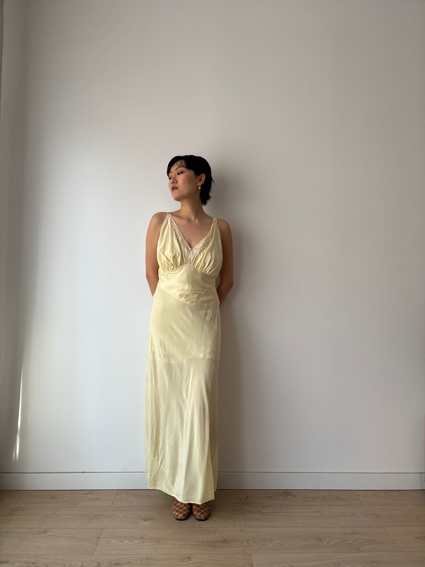 1940s Yellow Lace Floral Embroidered Satin Slip Dress: Bias Cut Maxi