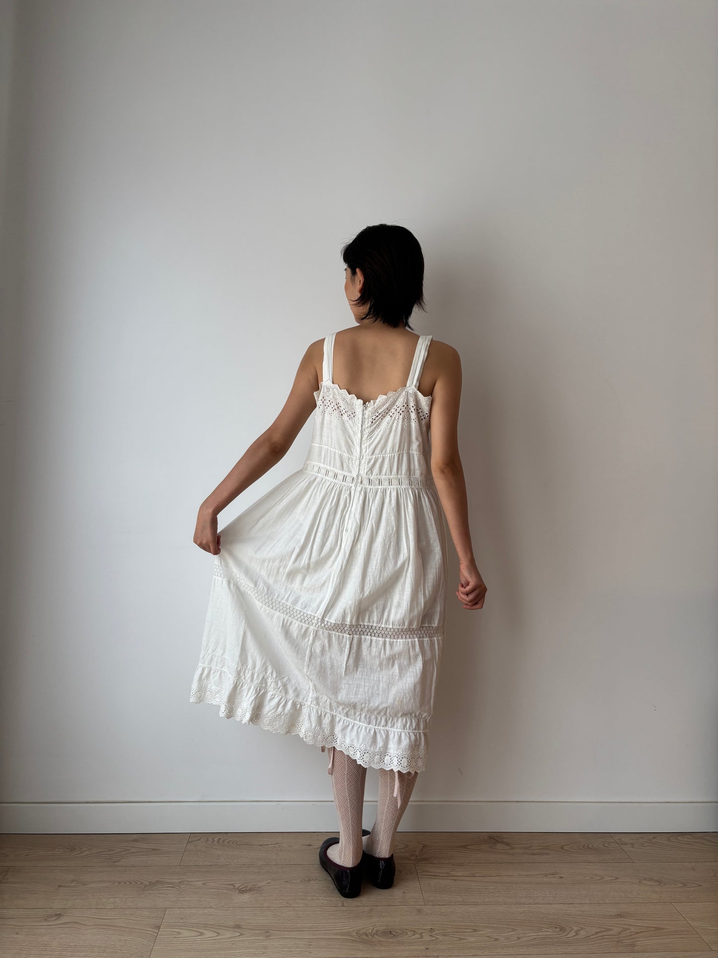 Antique 1900s White Cotton Edwardian Petticoat Embroidered Renaissance Victorian Nightdress