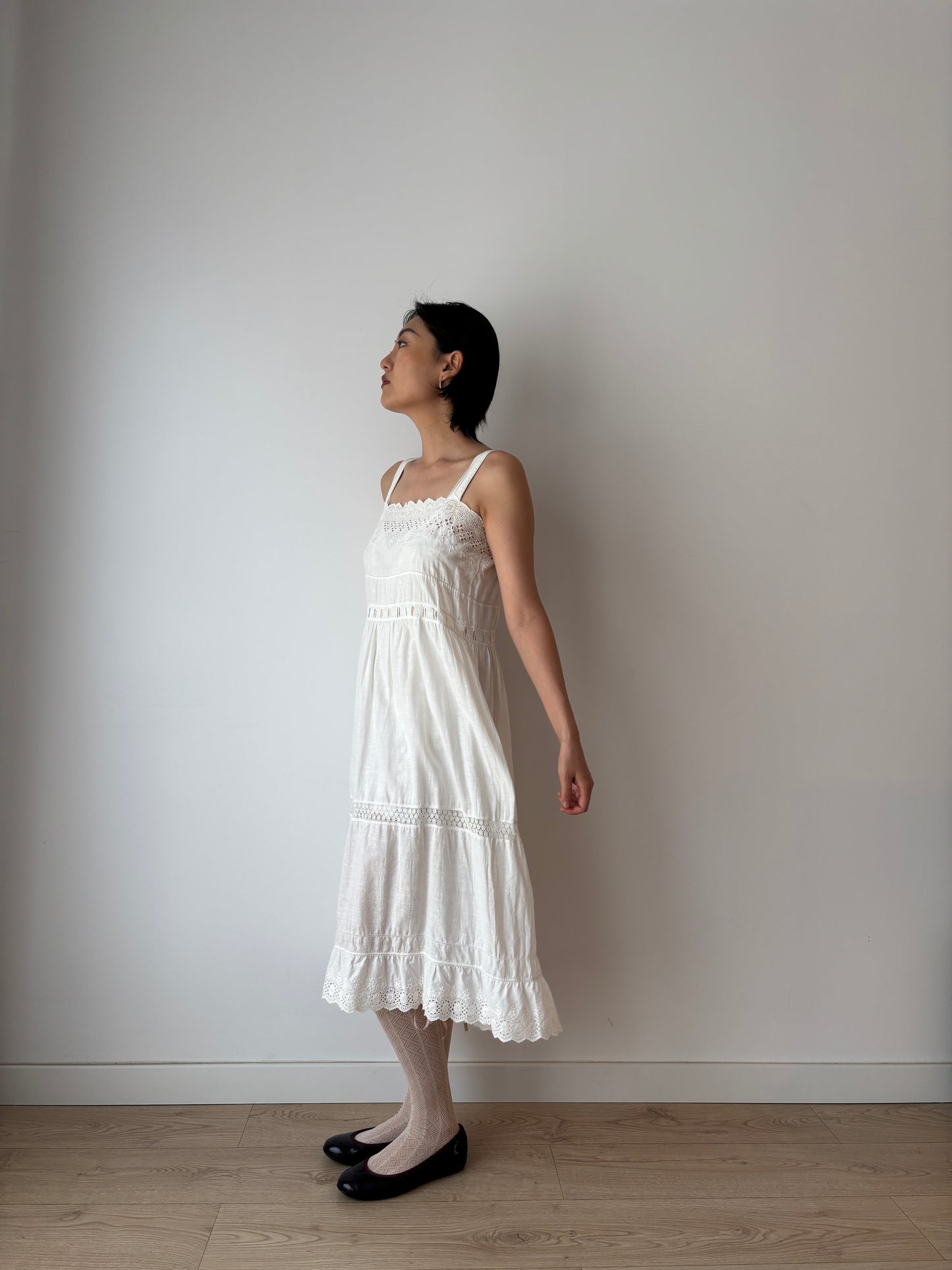 Antique 1900s White Cotton Edwardian Petticoat Embroidered Renaissance Victorian Nightdress