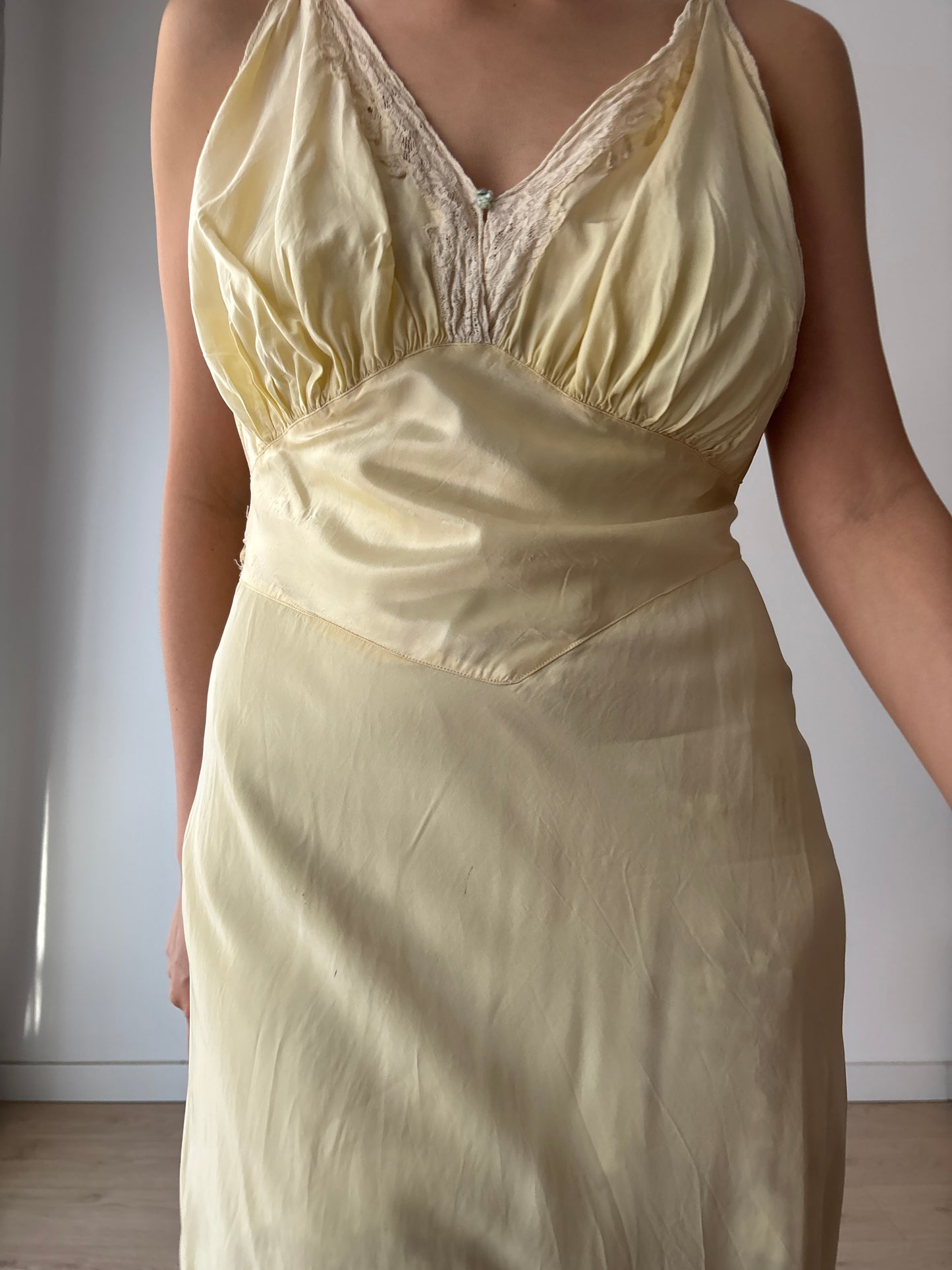 1940s Yellow Lace Floral Embroidered Satin Slip Dress: Bias Cut Maxi