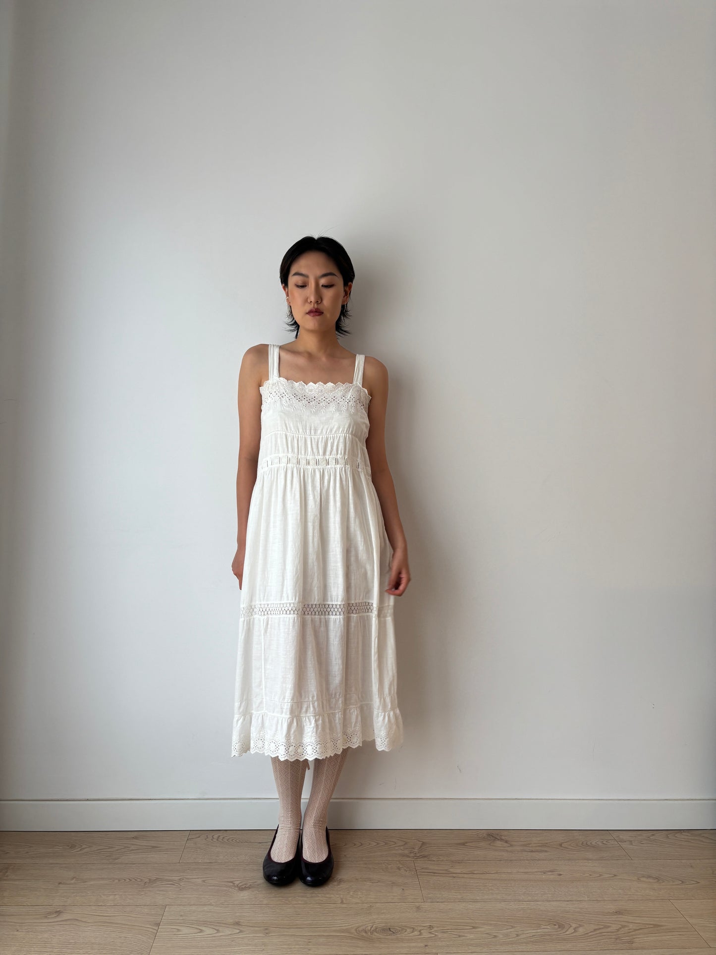 Antique 1900s White Cotton Edwardian Petticoat Embroidered Renaissance Victorian Nightdress