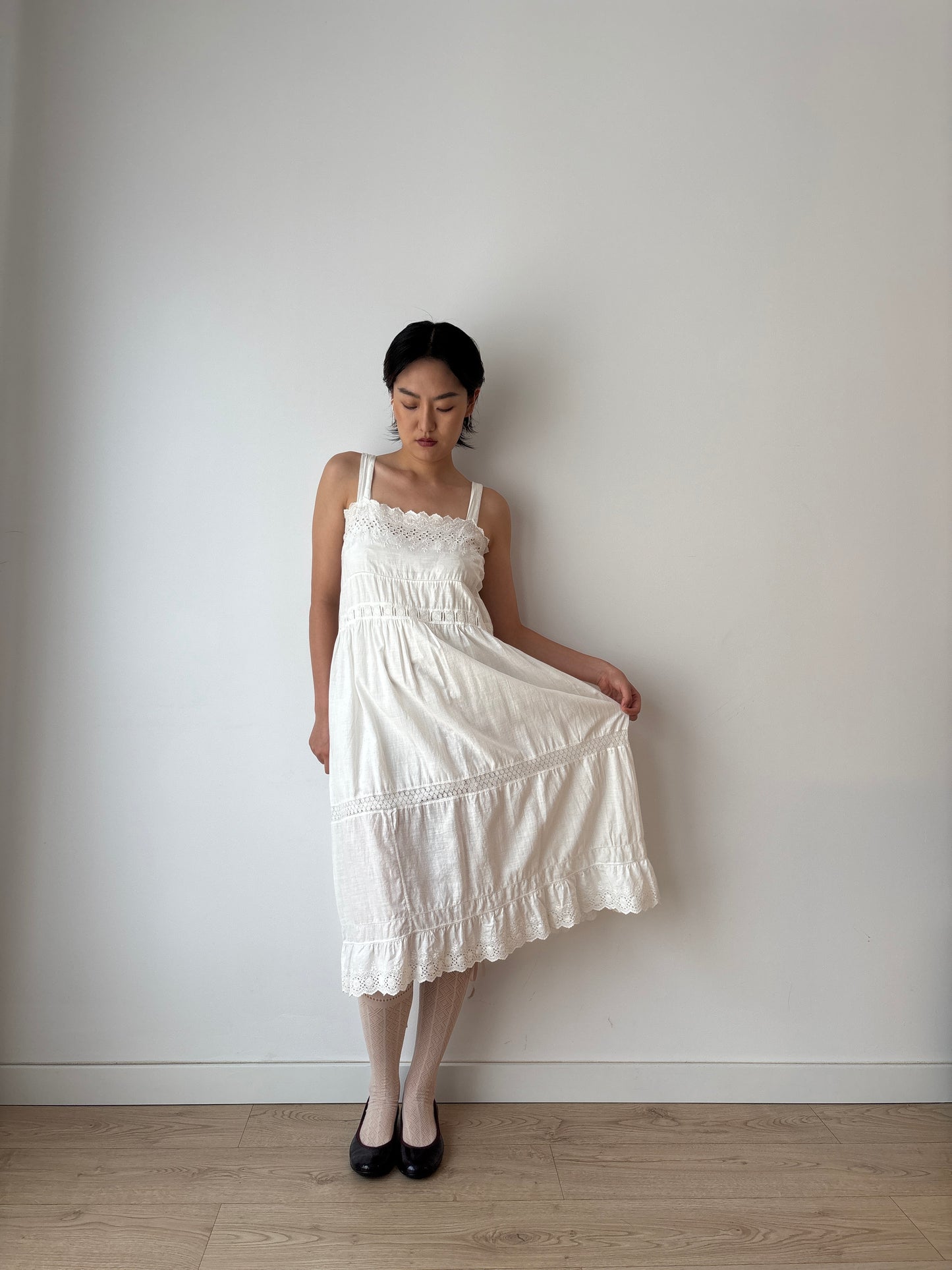 Antique 1900s White Cotton Edwardian Petticoat Embroidered Renaissance Victorian Nightdress