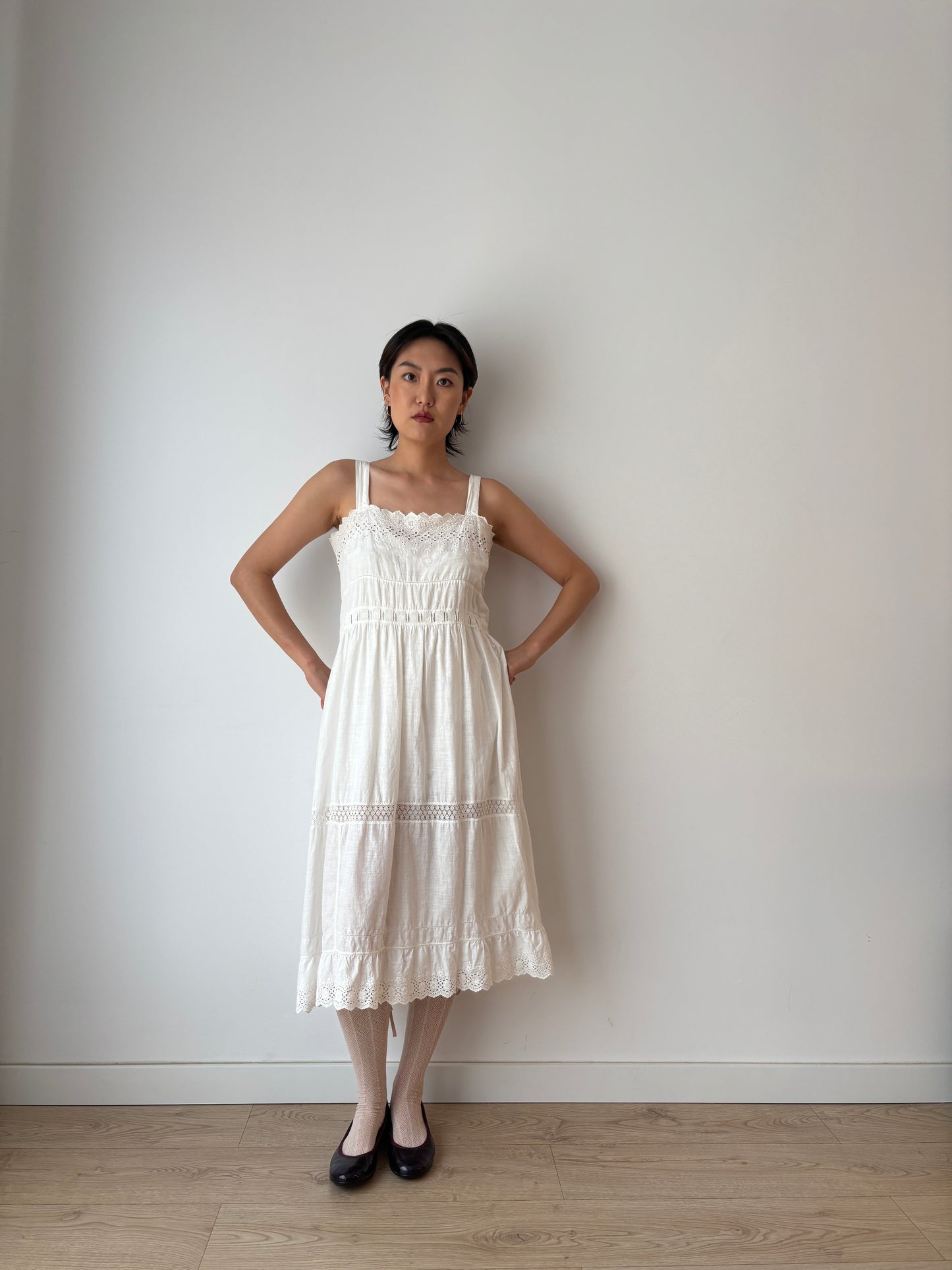 Antique 1900s White Cotton Edwardian Petticoat Embroidered Renaissance Victorian Nightdress