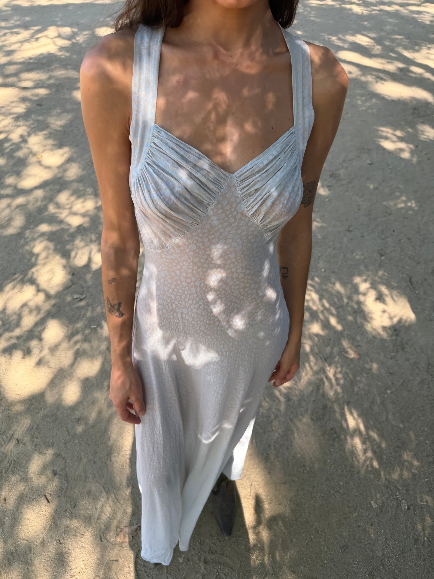 1930s Bias Cut Silk Crepe Gown In Blue Floral Print