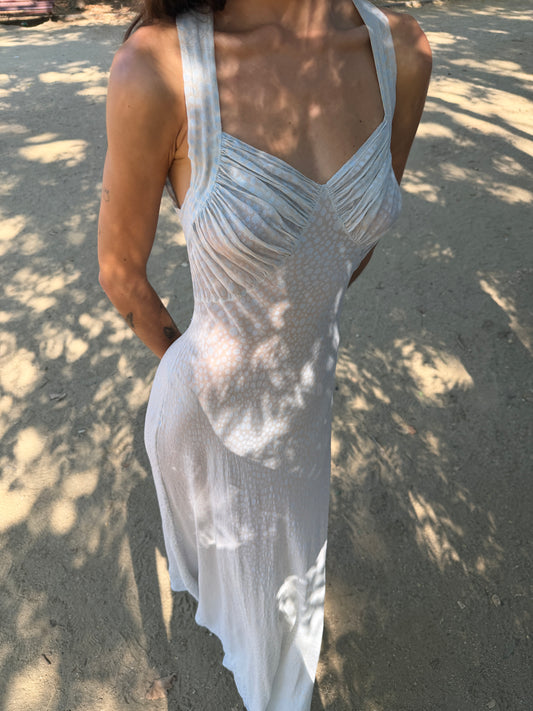 1930s Bias Cut Silk Crepe Gown In Blue Floral Print