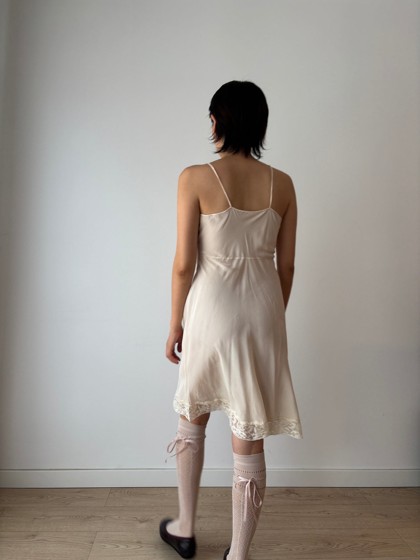 1920s Antique Bow Embroidery White Lace Liquid Pure Silk Slip dress,