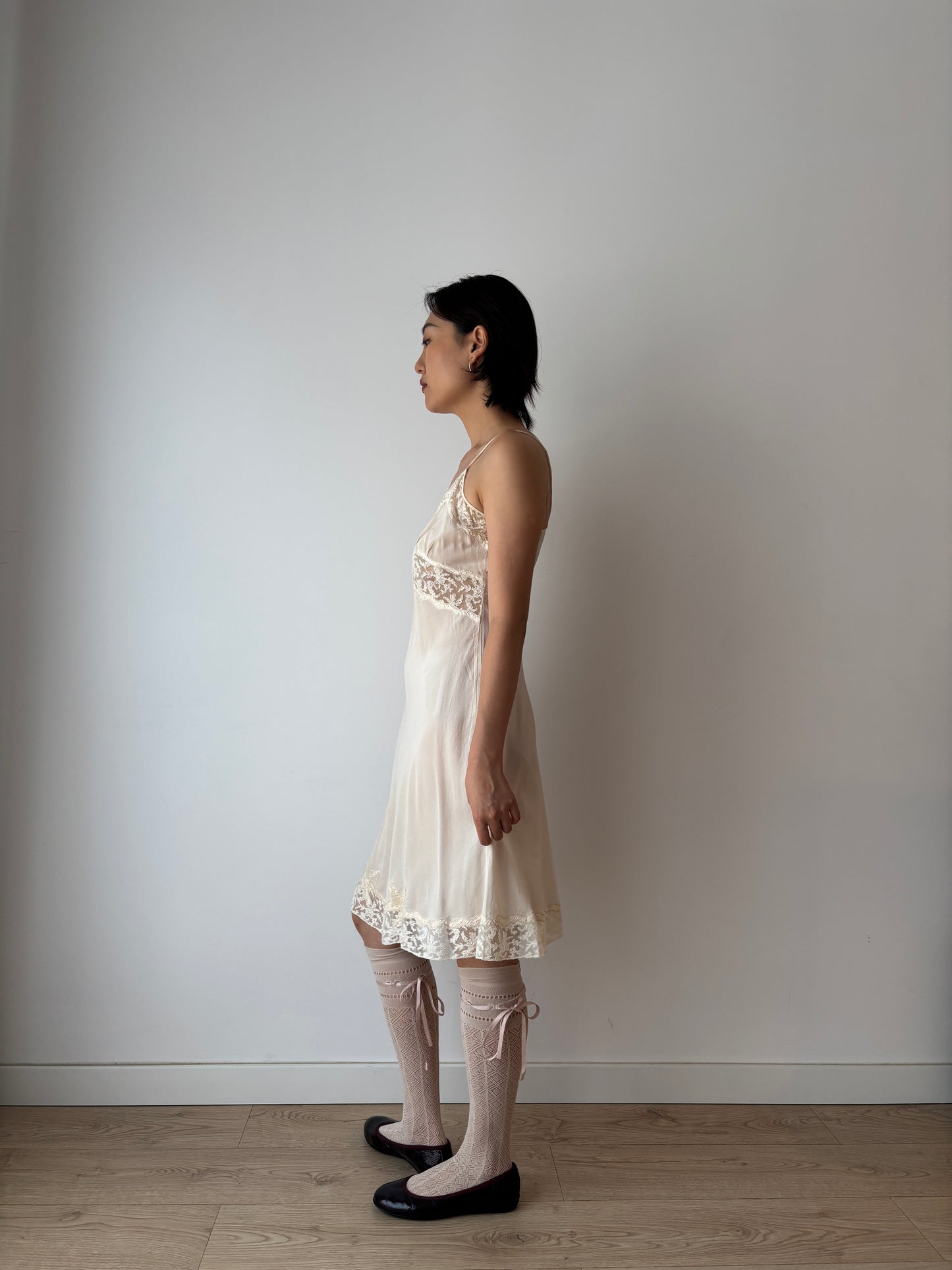 1920s Antique Bow Embroidery White Lace Liquid Pure Silk Slip dress,