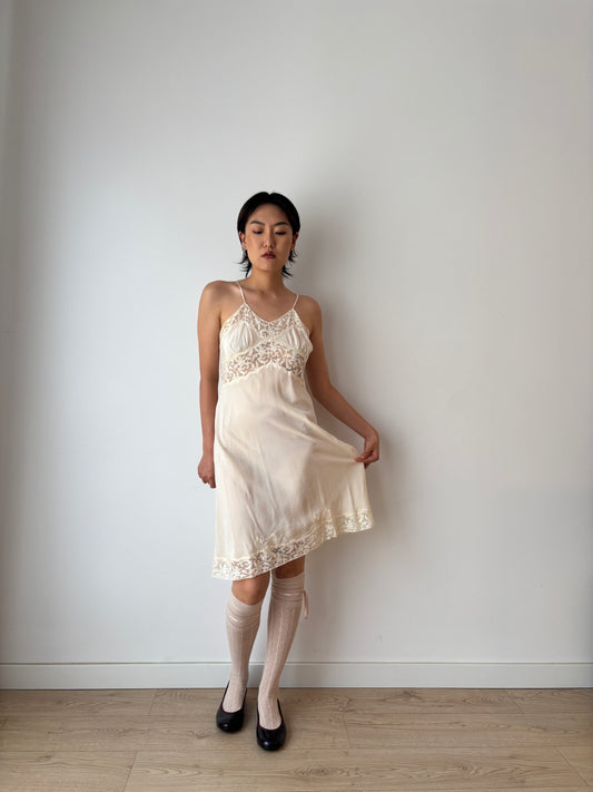 1920s Antique Bow Embroidery White Lace Liquid Pure Silk Slip dress,