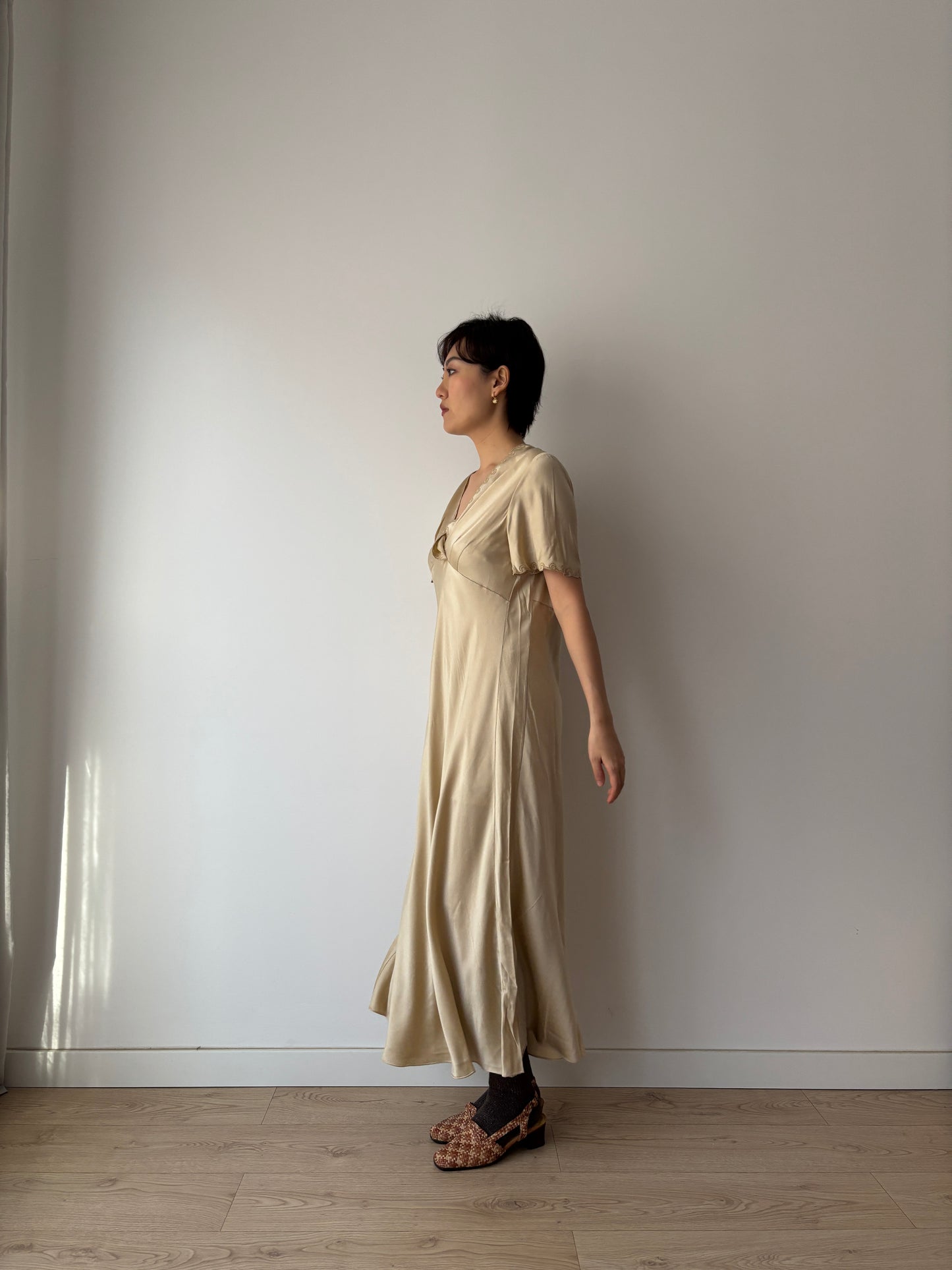 Vintage Y2K Beige Liquid Pure Silk Camisole Maxi Slip Dress