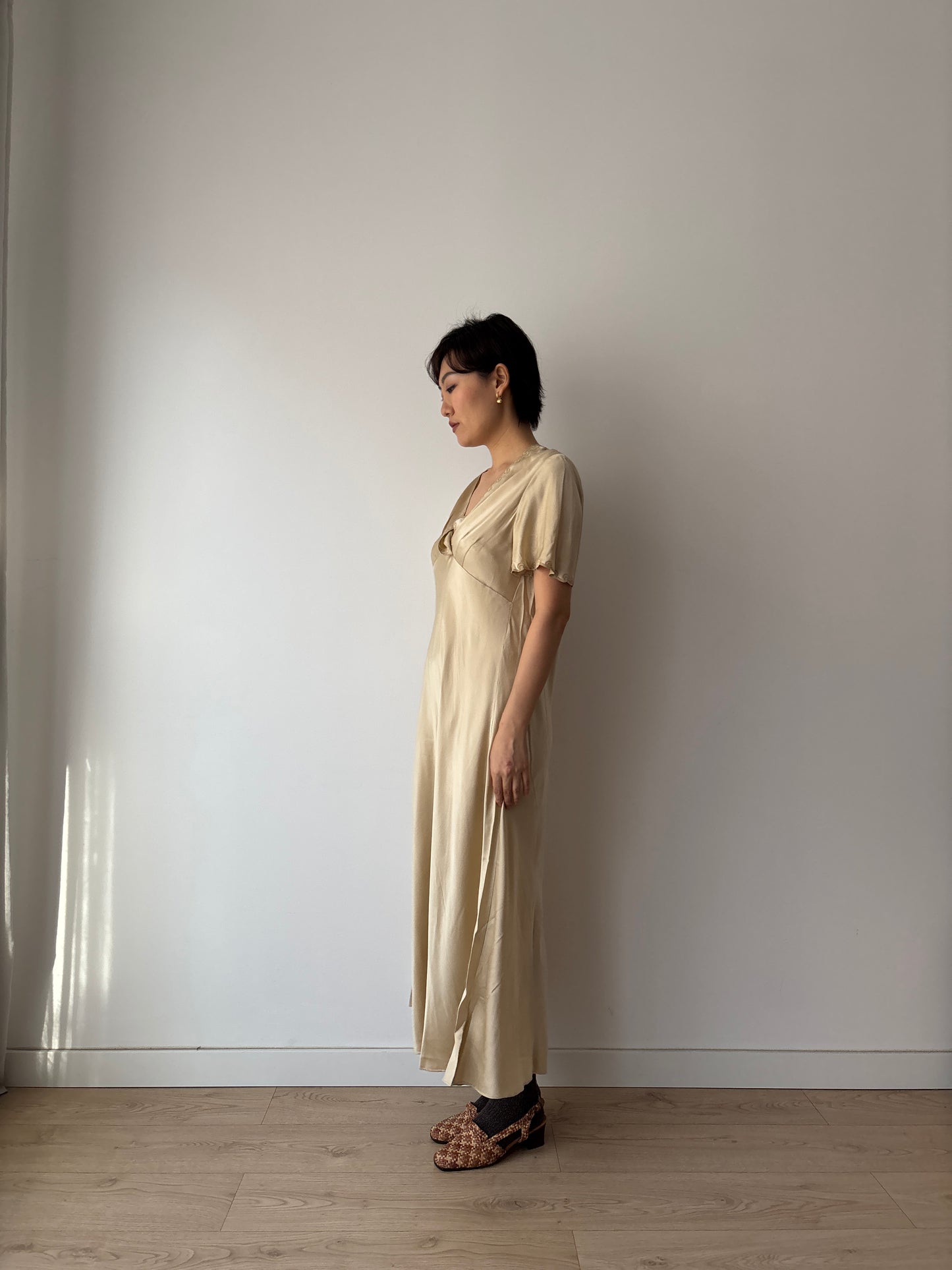 Vintage Y2K Beige Liquid Pure Silk Camisole Maxi Slip Dress