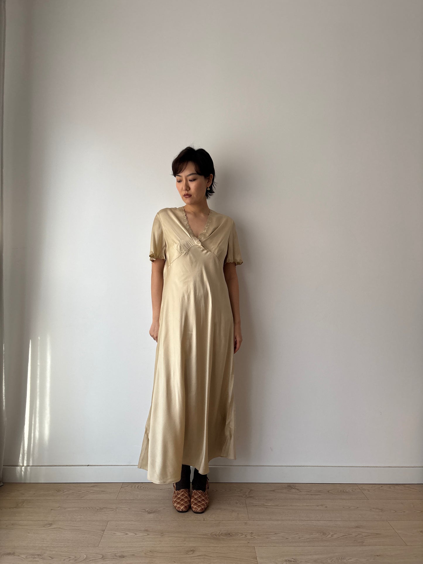 Vintage Y2K Beige Liquid Pure Silk Camisole Maxi Slip Dress