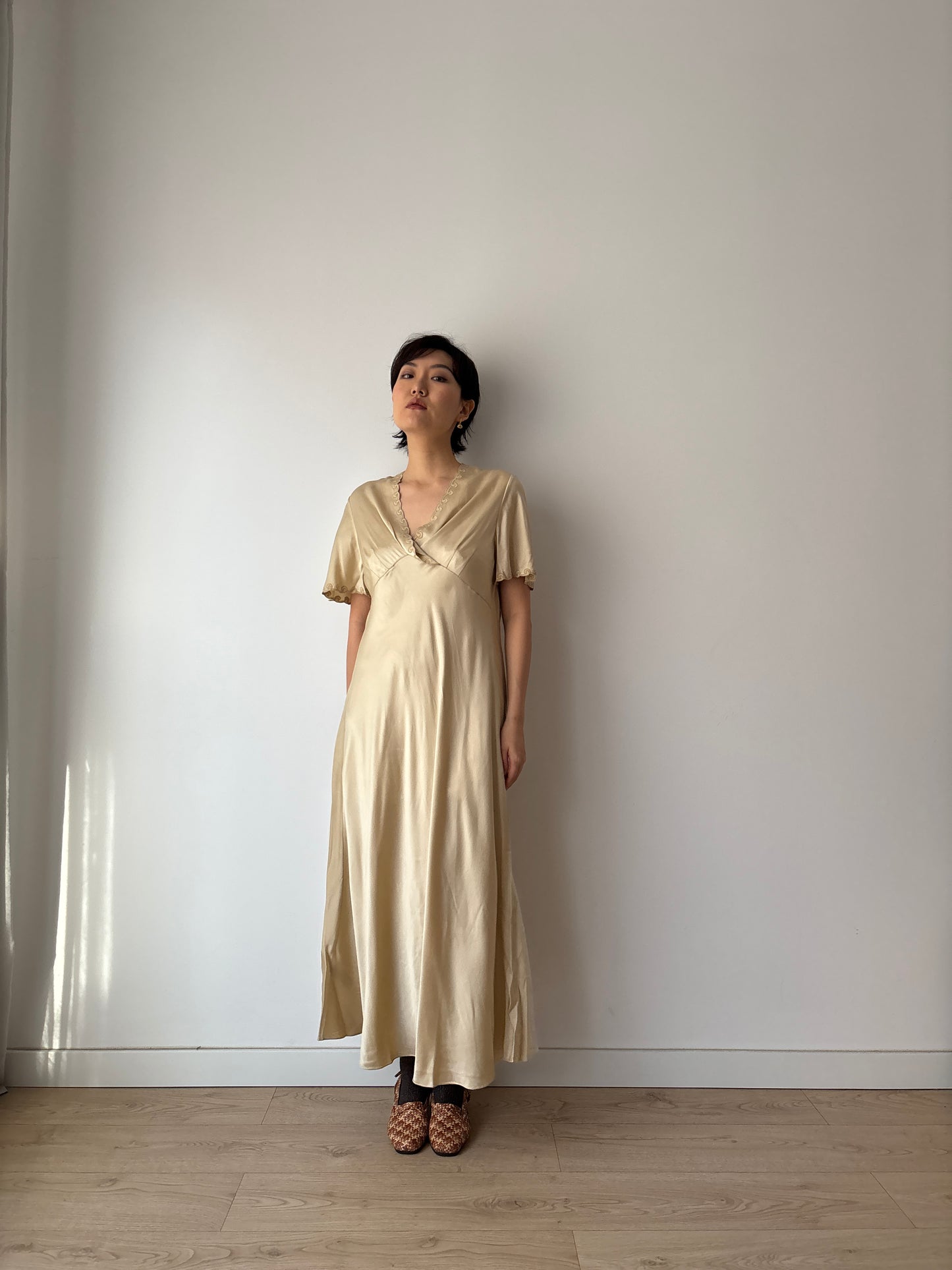 Vintage Y2K Beige Liquid Pure Silk Camisole Maxi Slip Dress