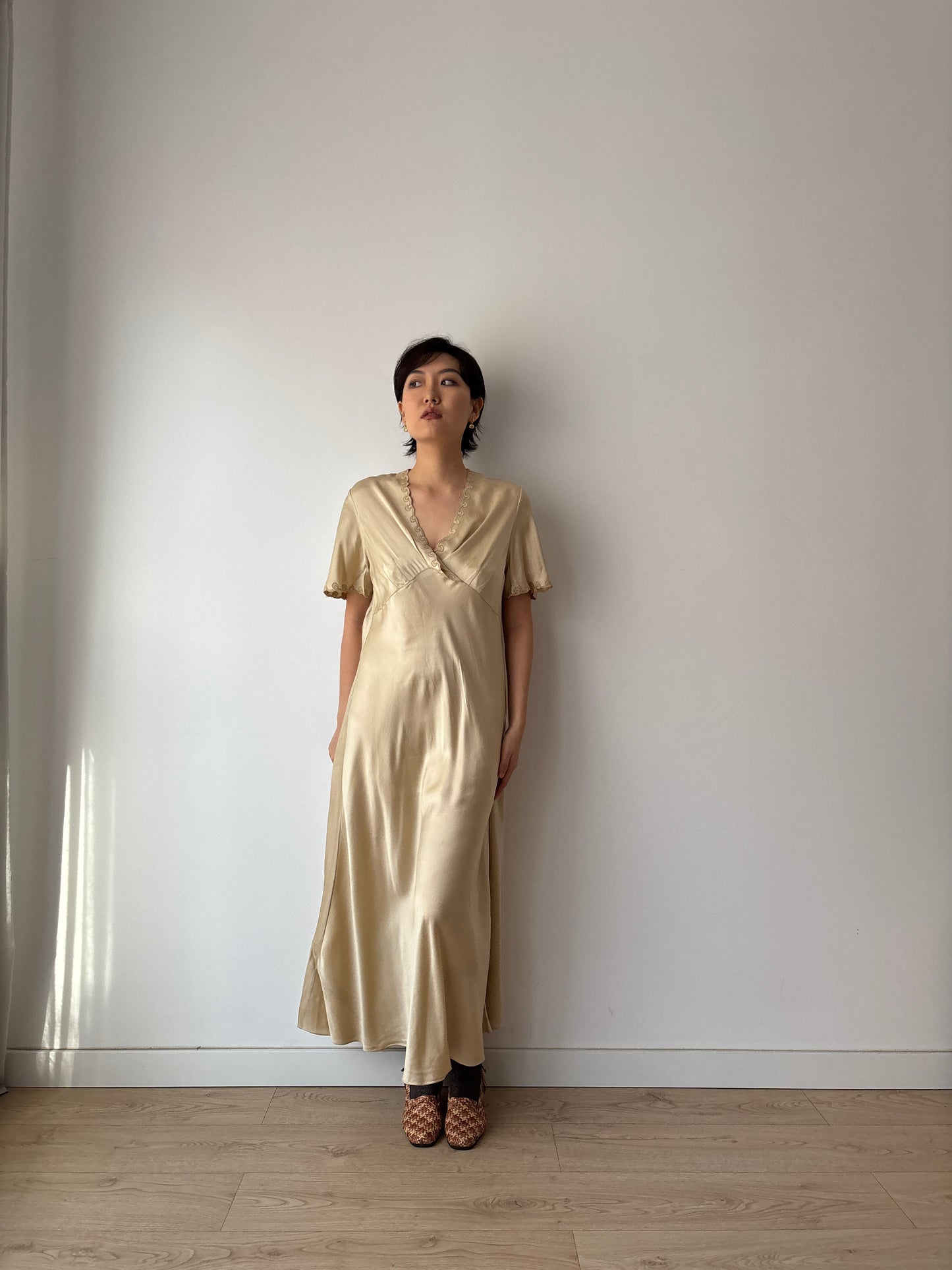Vintage Y2K Beige Liquid Pure Silk Camisole Maxi Slip Dress