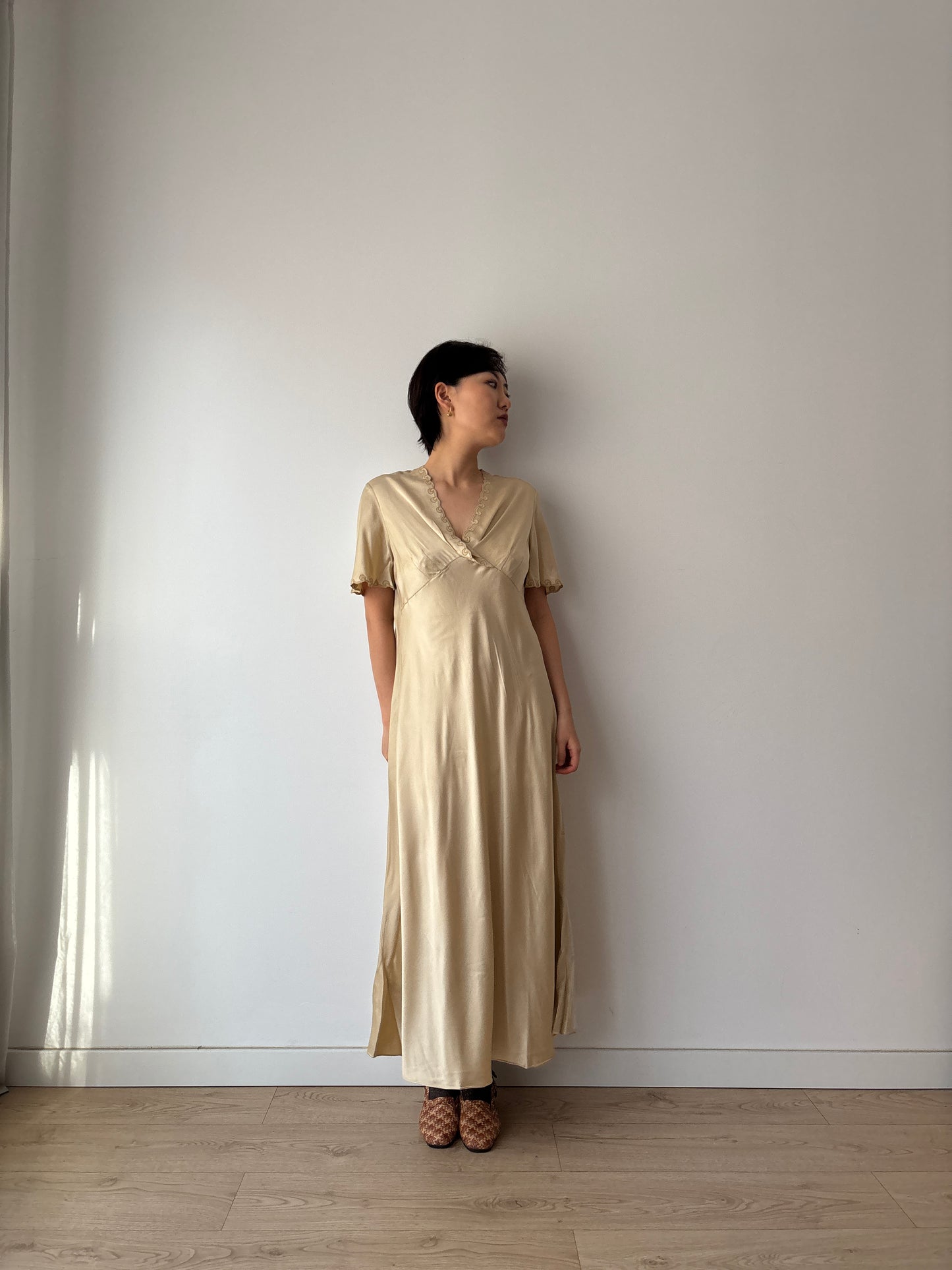 Vintage Y2K Beige Liquid Pure Silk Camisole Maxi Slip Dress