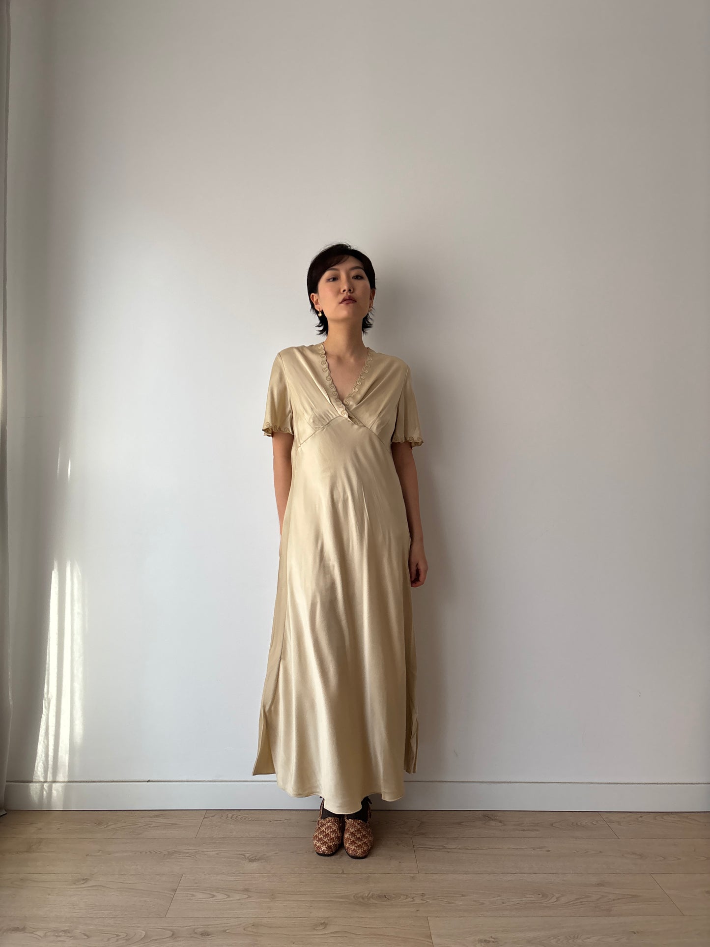 Vintage Y2K Beige Liquid Pure Silk Camisole Maxi Slip Dress