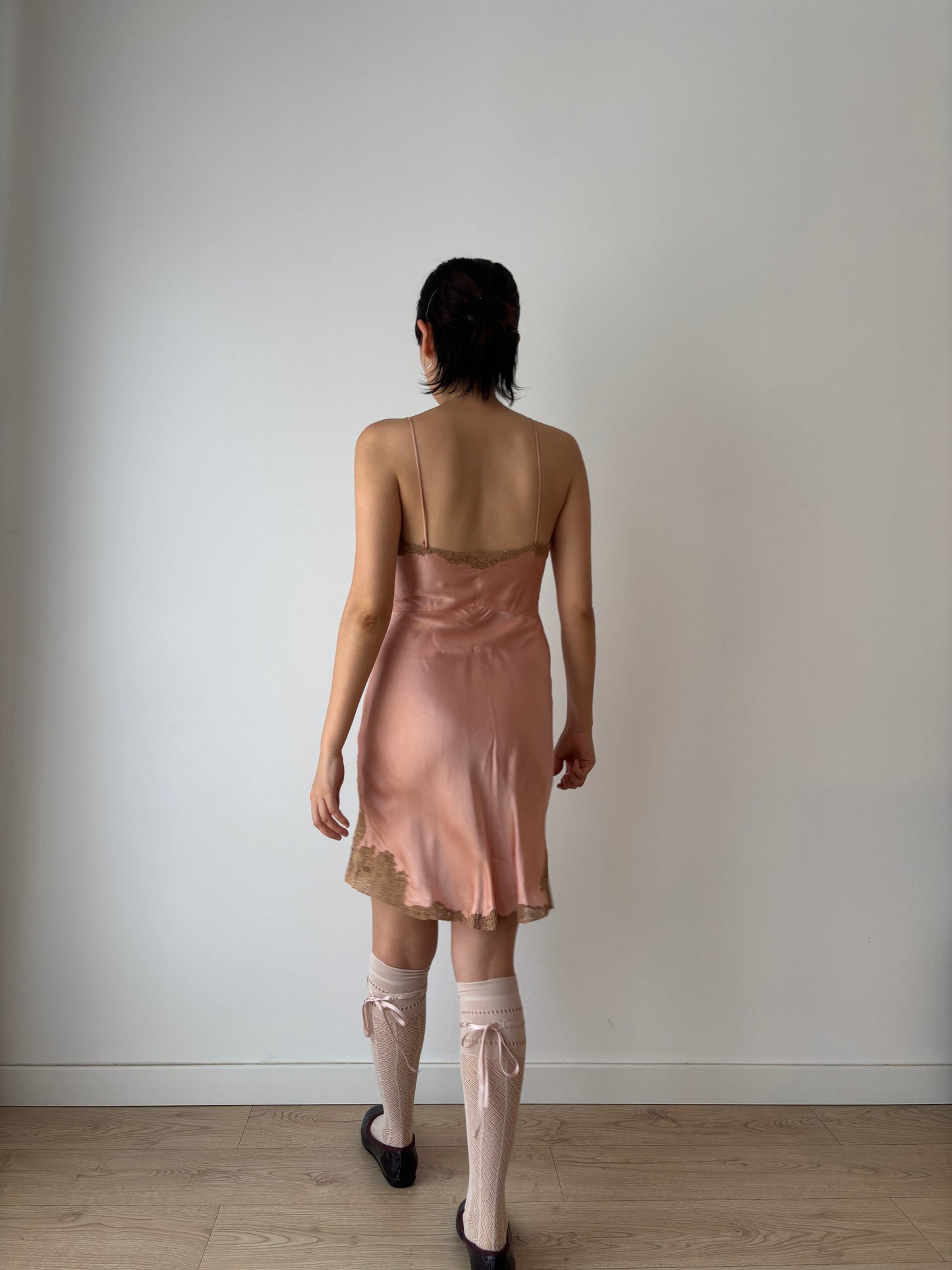 1920s Peach Pink Lace Liquid Pure Silk Floral Embroidered Camisole Bridal Slip Dress