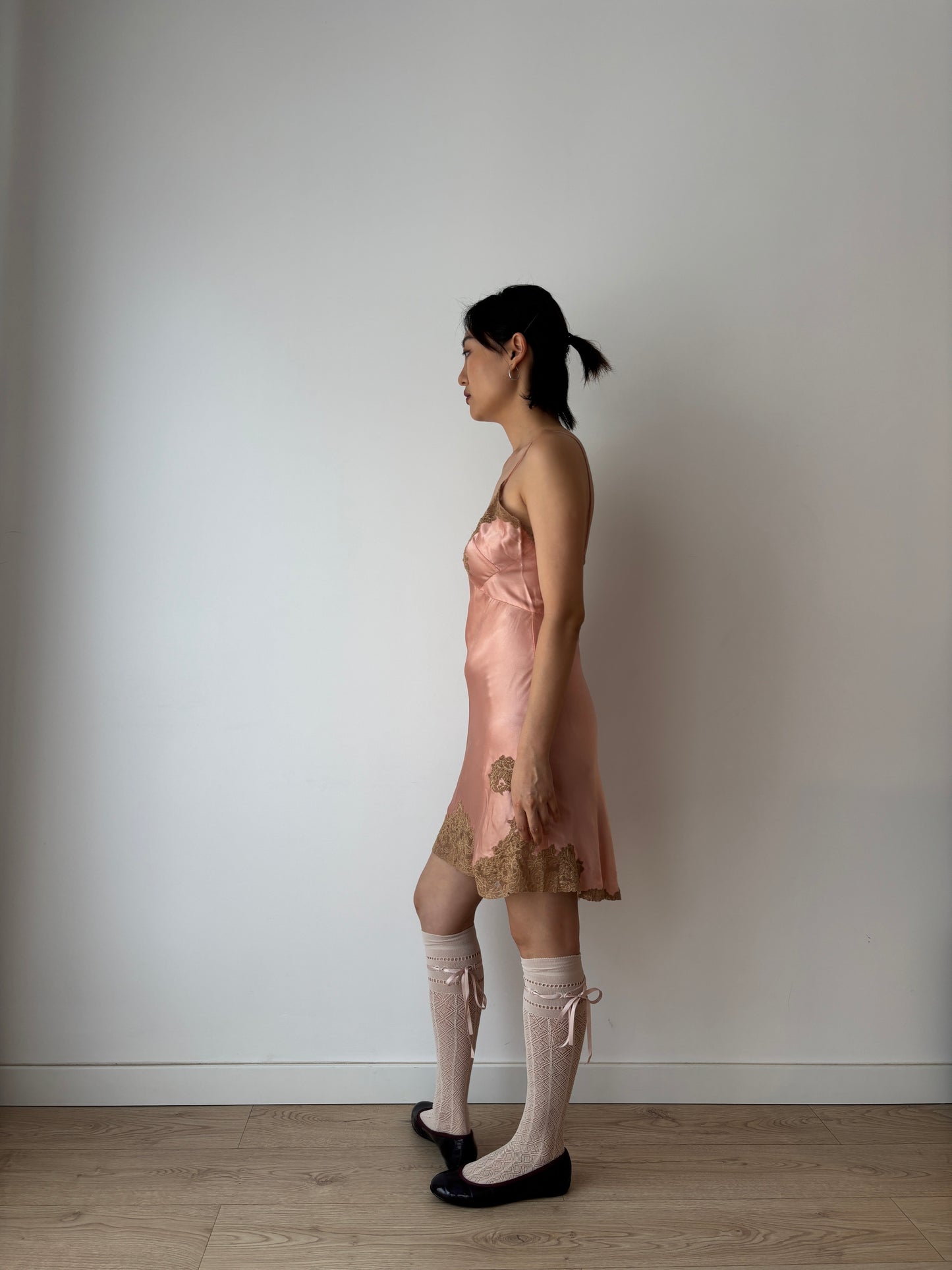 1920s Peach Pink Lace Liquid Pure Silk Floral Embroidered Camisole Bridal Slip Dress