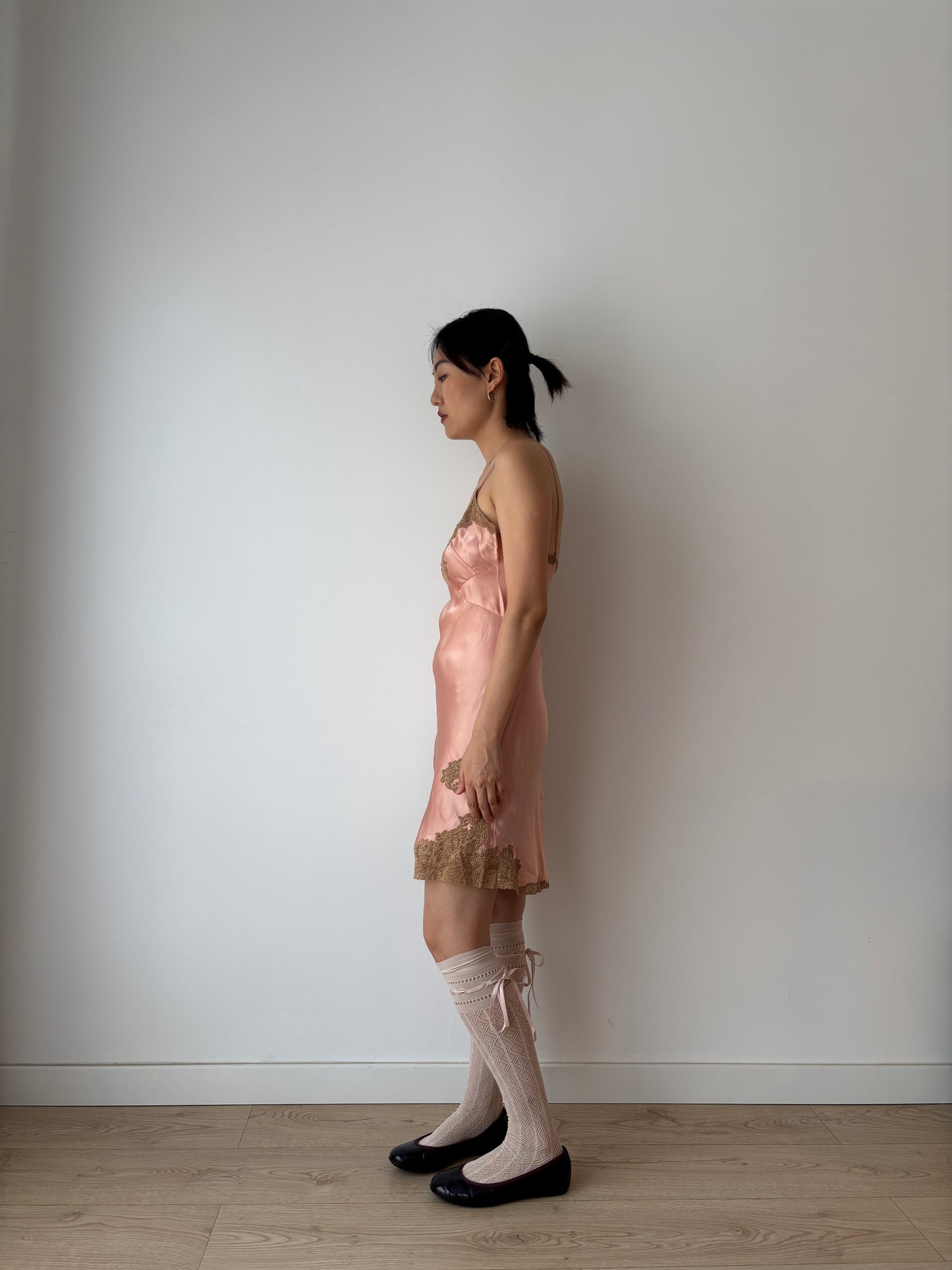 1920s Peach Pink Lace Liquid Pure Silk Floral Embroidered Camisole Bridal Slip Dress