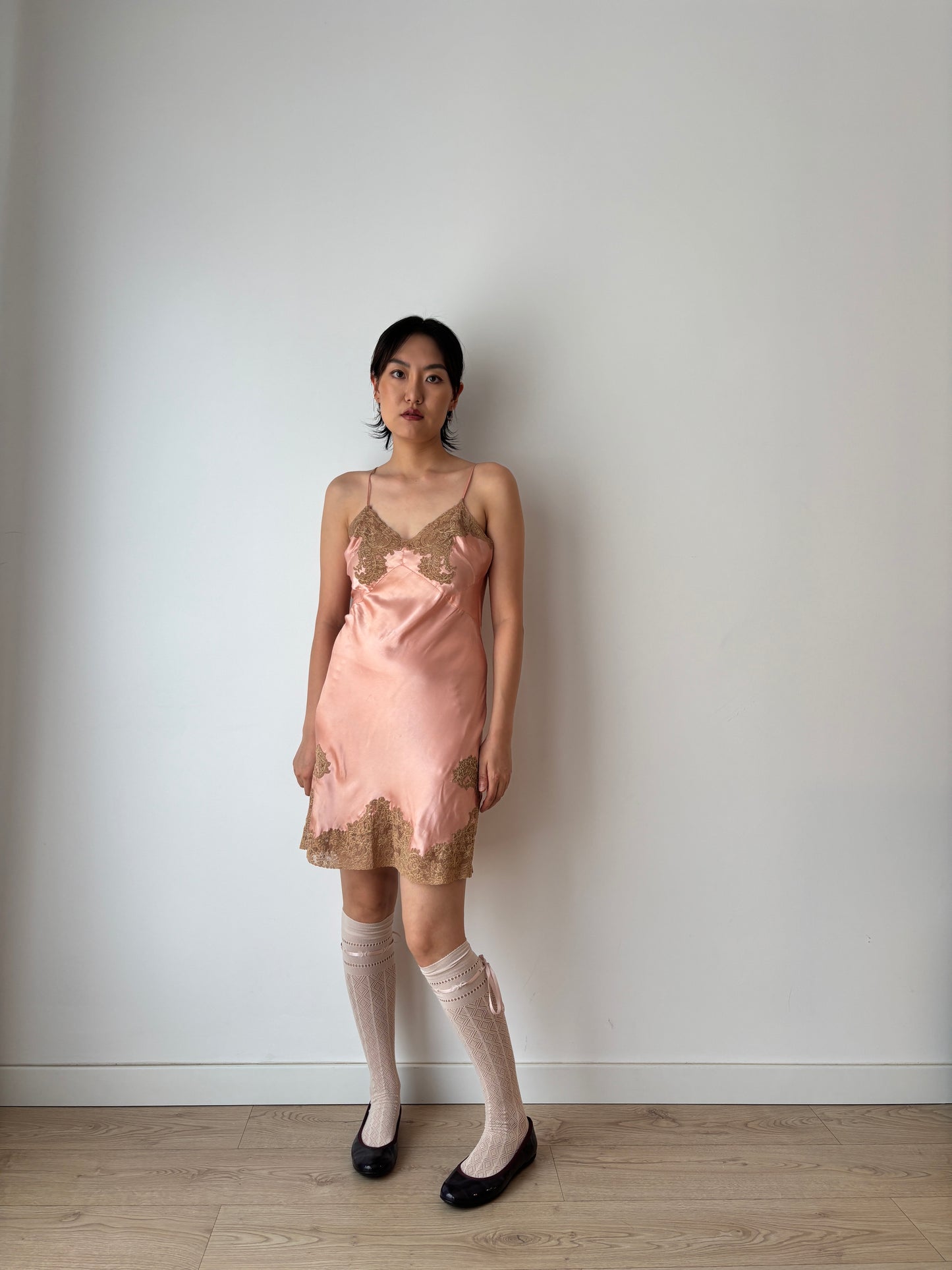 1920s Peach Pink Lace Liquid Pure Silk Floral Embroidered Camisole Bridal Slip Dress