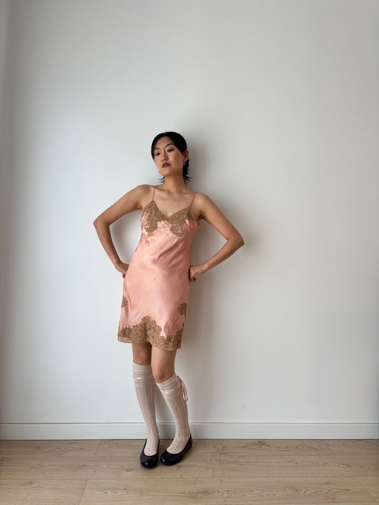 1920s Peach Pink Lace Liquid Pure Silk Floral Embroidered Camisole Bridal Slip Dress