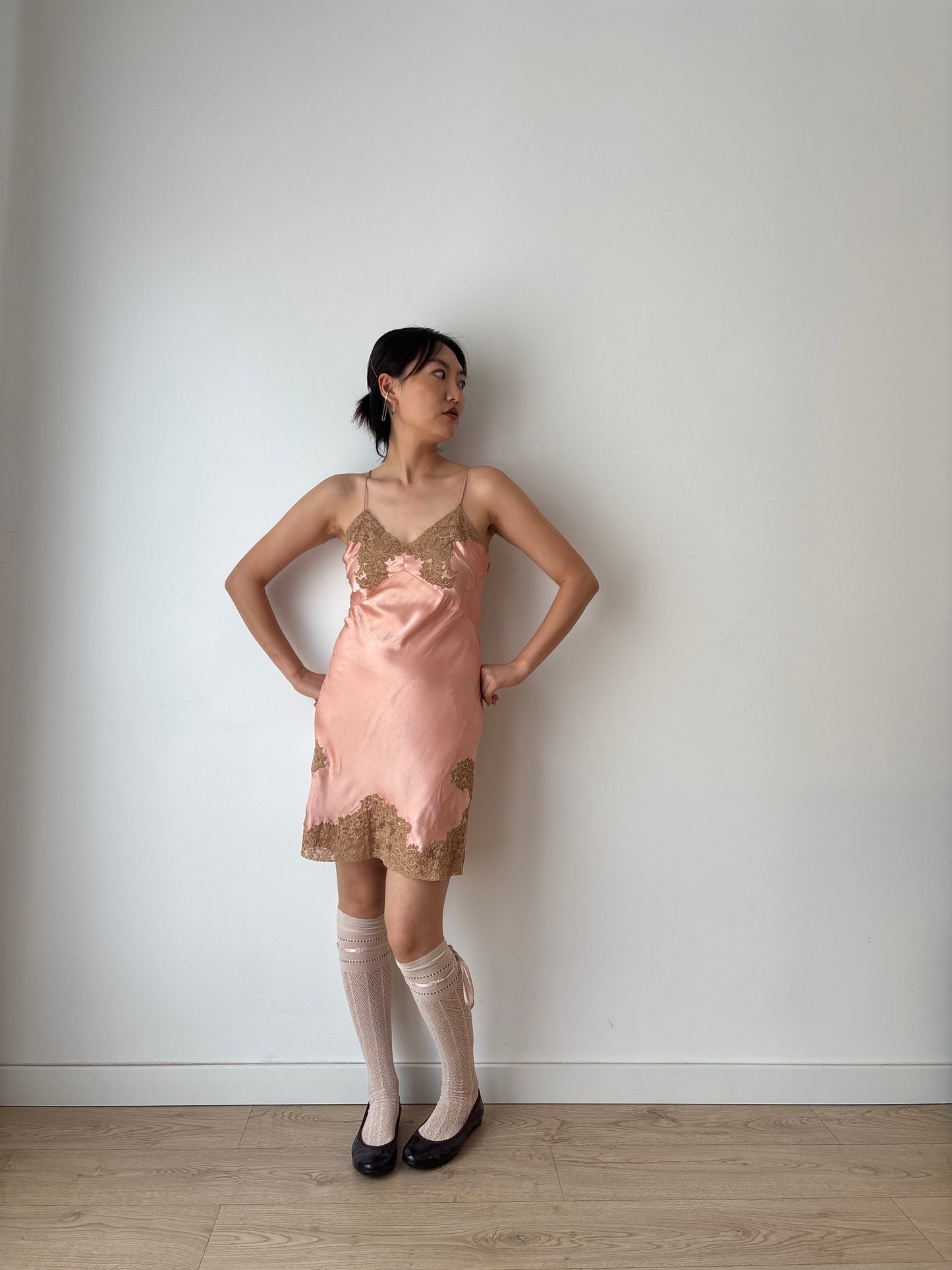 1920s Peach Pink Lace Liquid Pure Silk Floral Embroidered Camisole Bridal Slip Dress