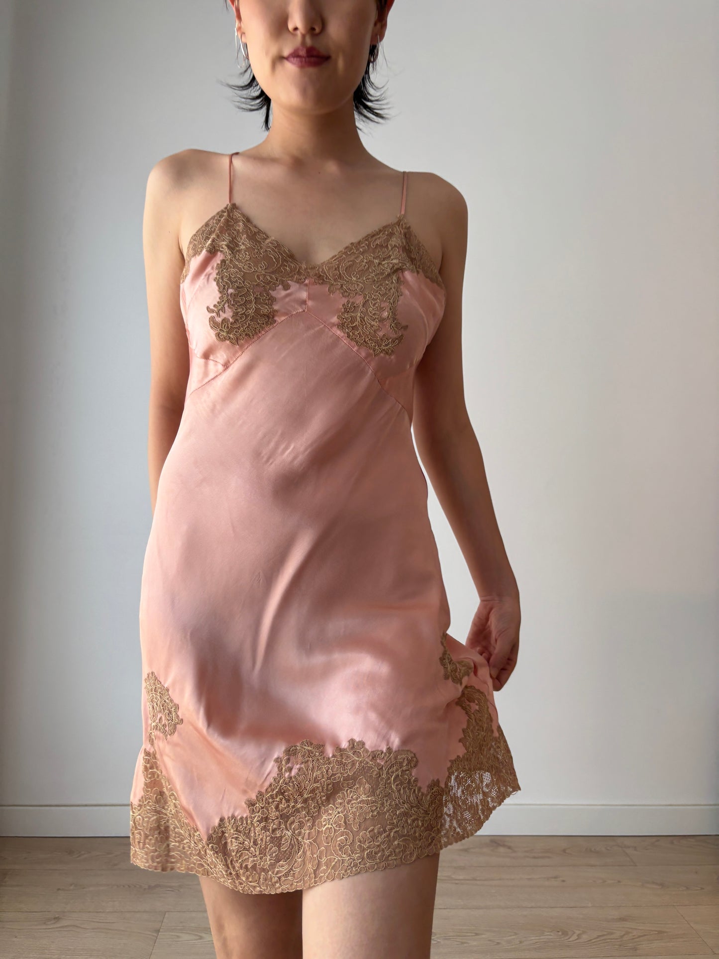 1920s Peach Pink Lace Liquid Pure Silk Floral Embroidered Camisole Bridal Slip Dress