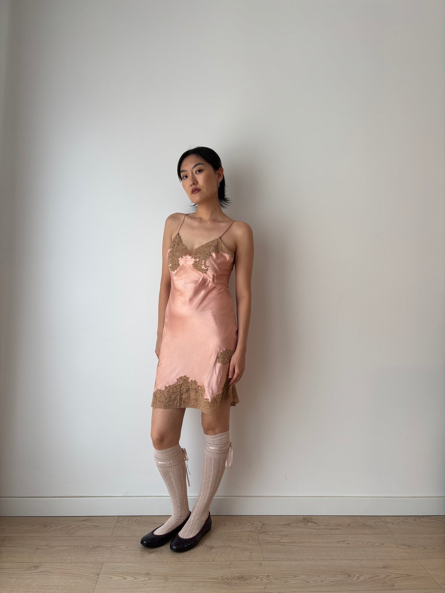 1920s Peach Pink Lace Liquid Pure Silk Floral Embroidered Camisole Bridal Slip Dress