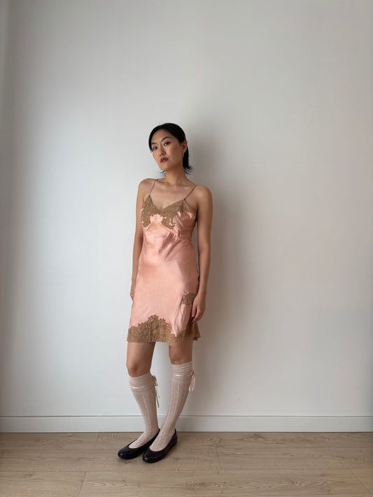 1920s Peach Pink Lace Liquid Pure Silk Floral Embroidered Camisole Bridal Slip Dress