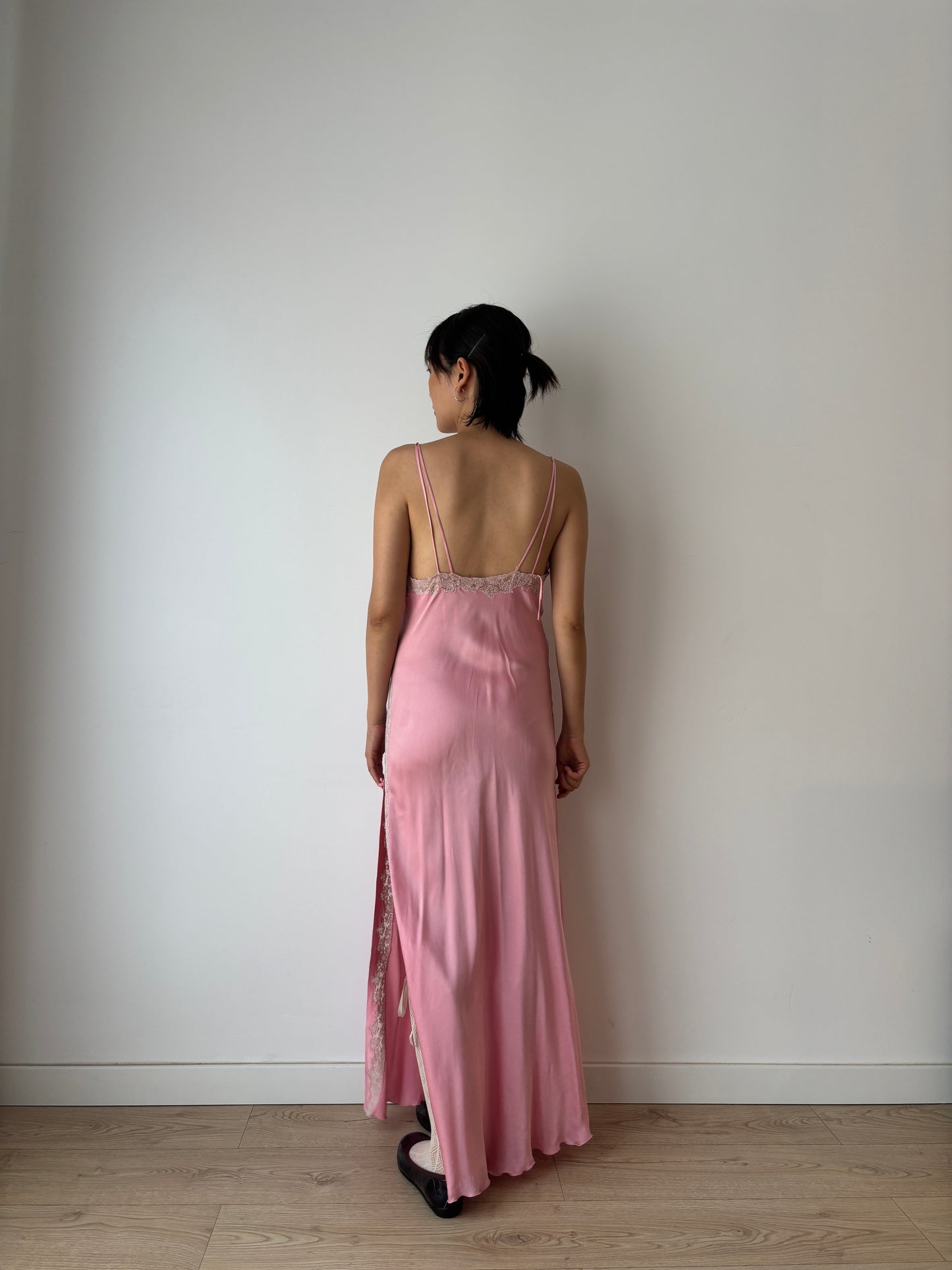 Antique Vintage Pink Pure Silk Lace Rose Embroidered Maxi Dress