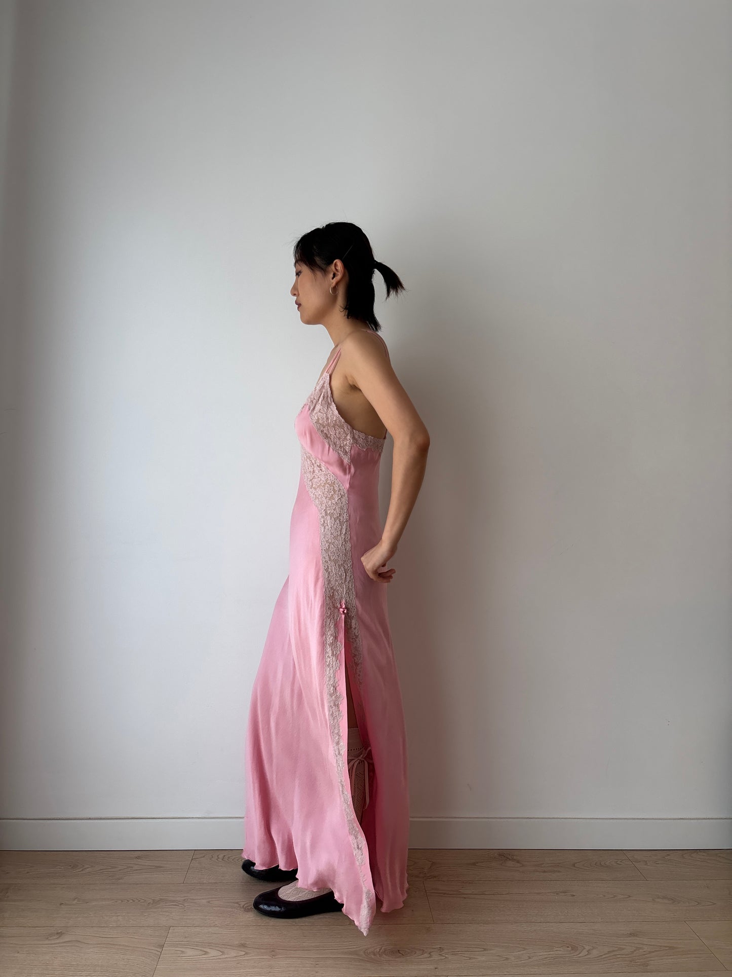 Antique Vintage Pink Pure Silk Lace Rose Embroidered Maxi Dress