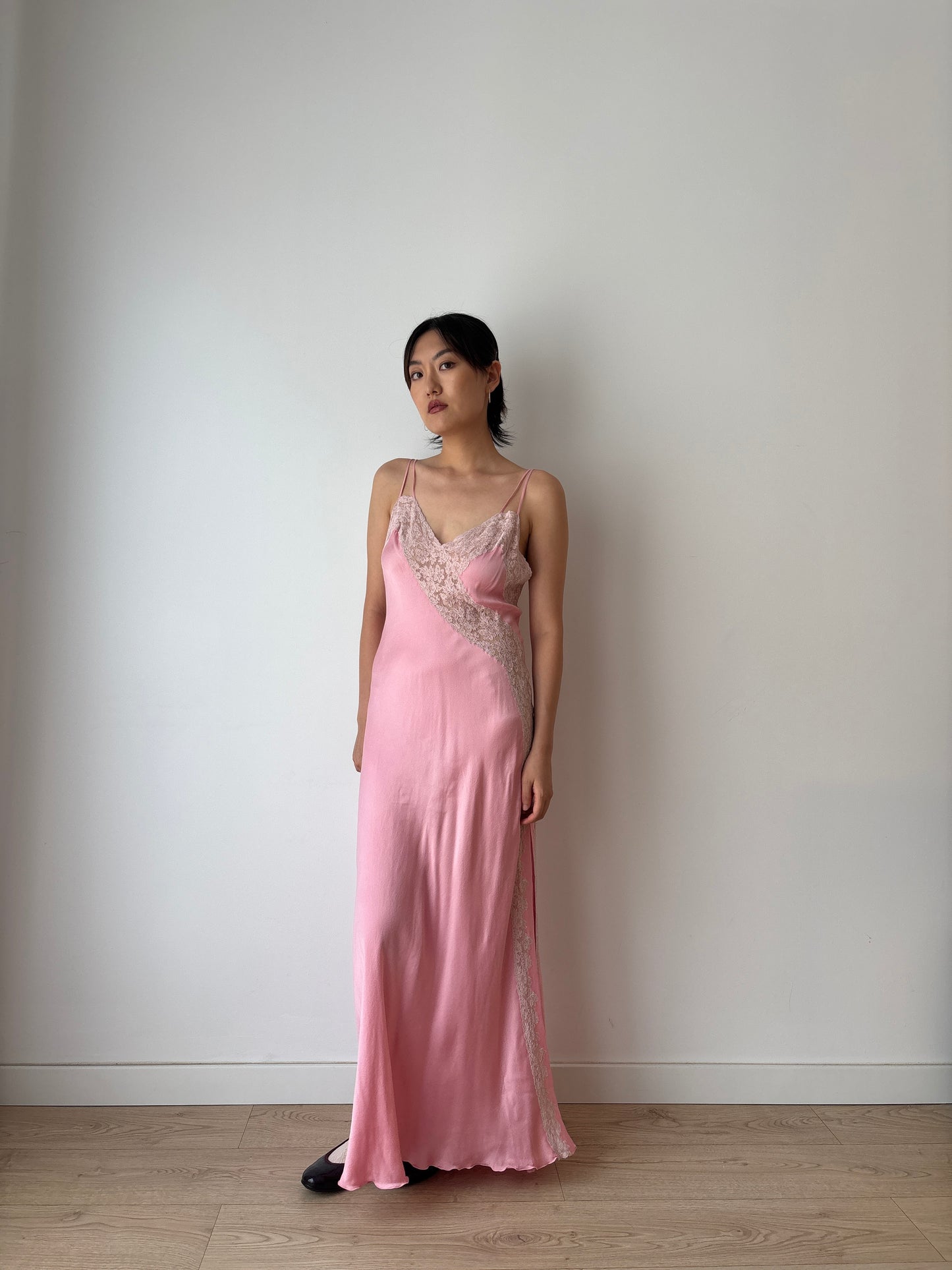 Antique Vintage Pink Pure Silk Lace Rose Embroidered Maxi Dress