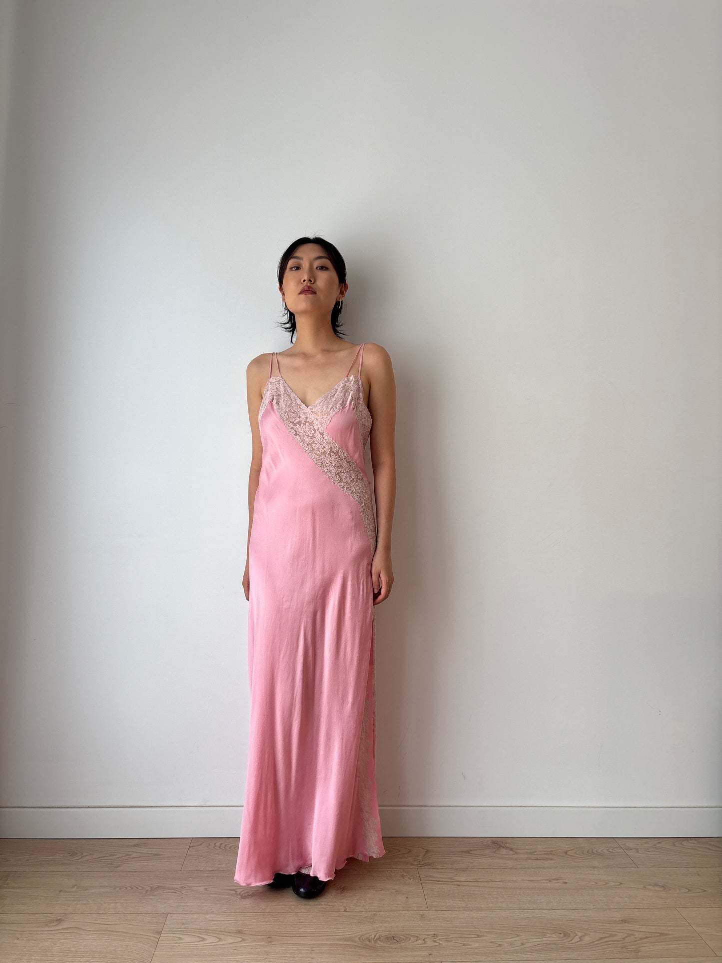 Antique Vintage Pink Pure Silk Lace Rose Embroidered Maxi Dress