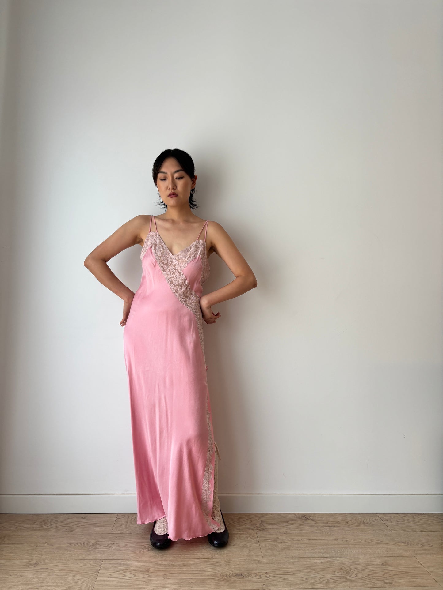 Antique Vintage Pink Pure Silk Lace Rose Embroidered Maxi Dress