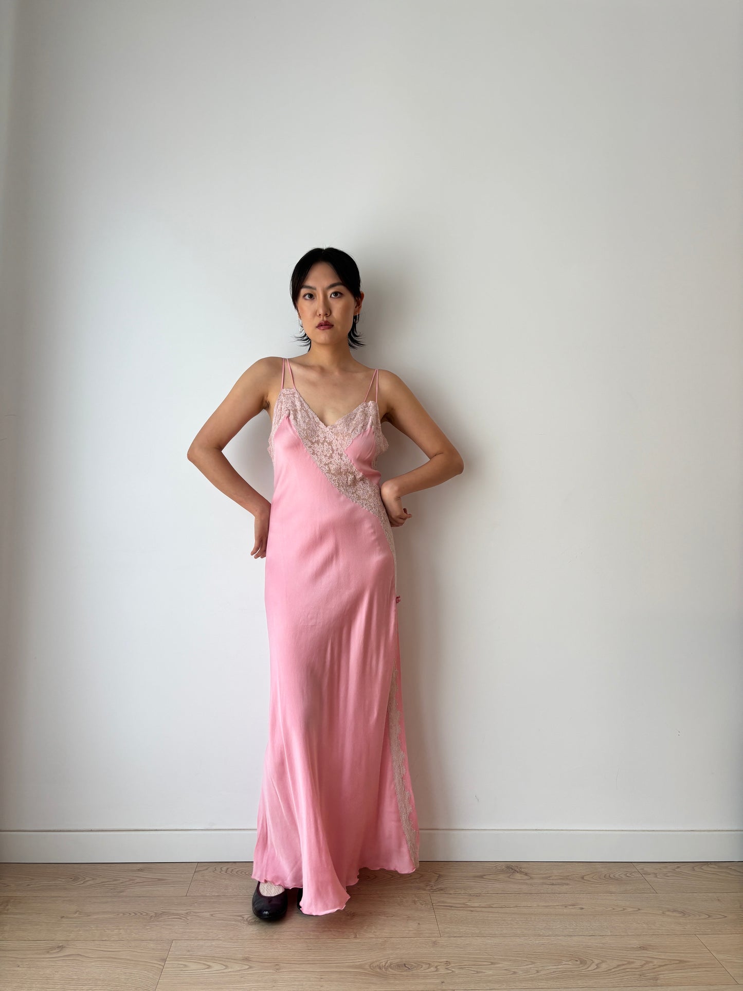 Antique Vintage Pink Pure Silk Lace Rose Embroidered Maxi Dress