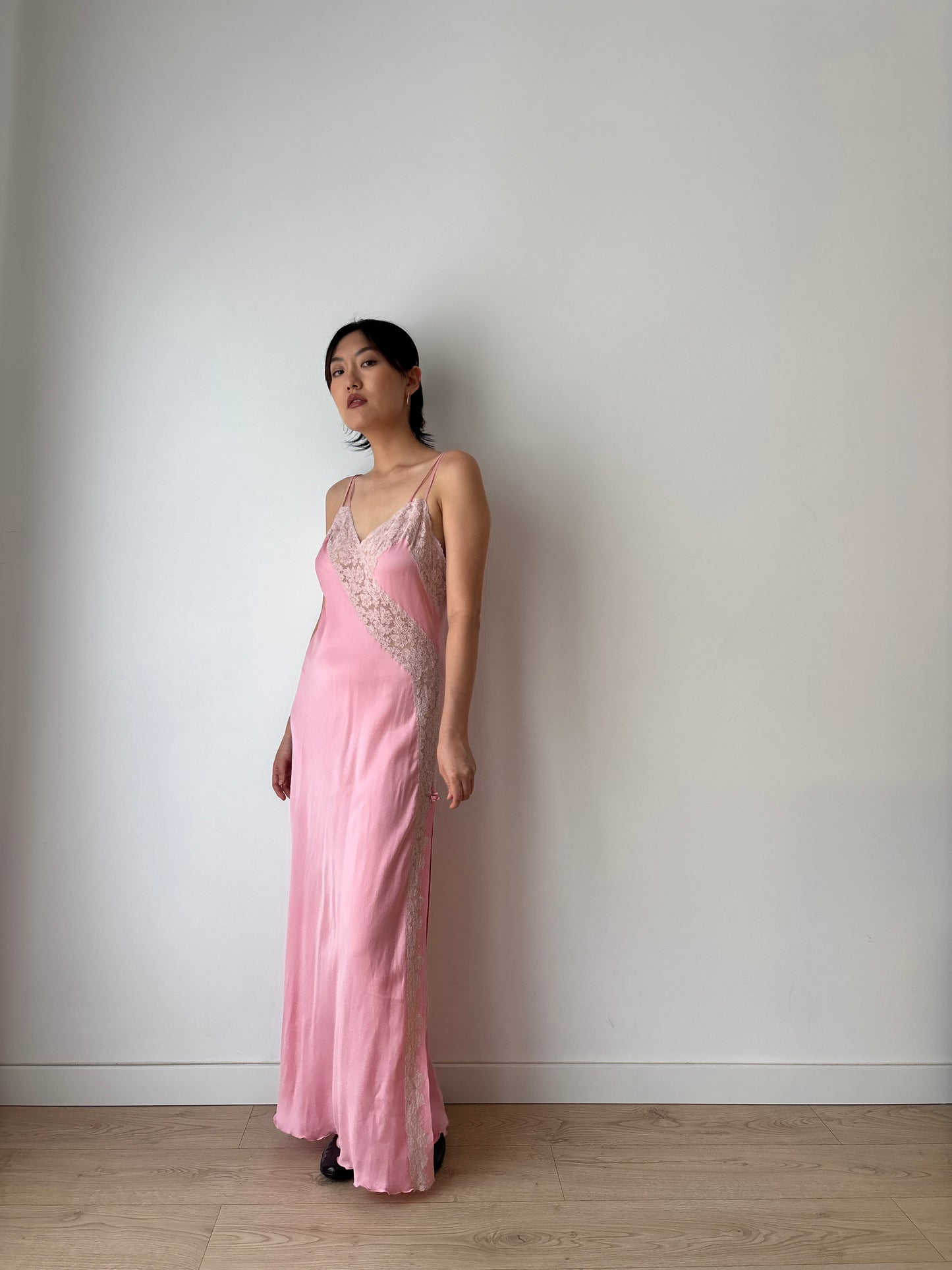 Antique Vintage Pink Pure Silk Lace Rose Embroidered Maxi Dress