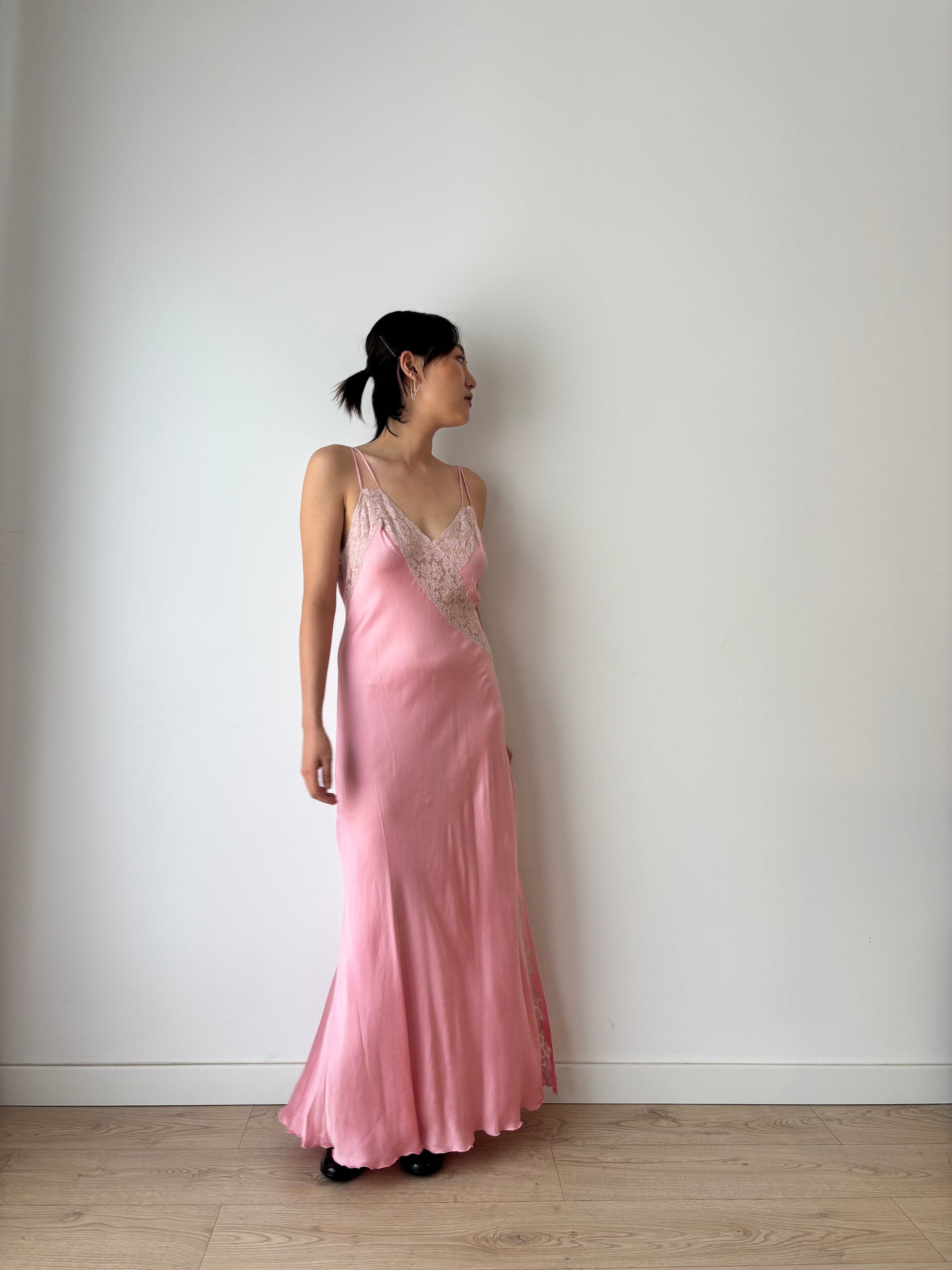 Antique Vintage Pink Pure Silk Lace Rose Embroidered Maxi Dress