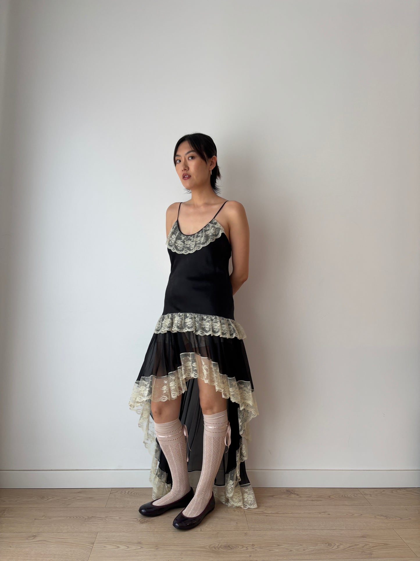 Vintage 90s Chic Y2K black liquid satin pure silk rich lace art deco style nightgown maxi slip dress