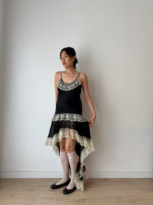 Vintage 90s Chic Y2K black liquid satin pure silk rich lace art deco style nightgown maxi slip dress