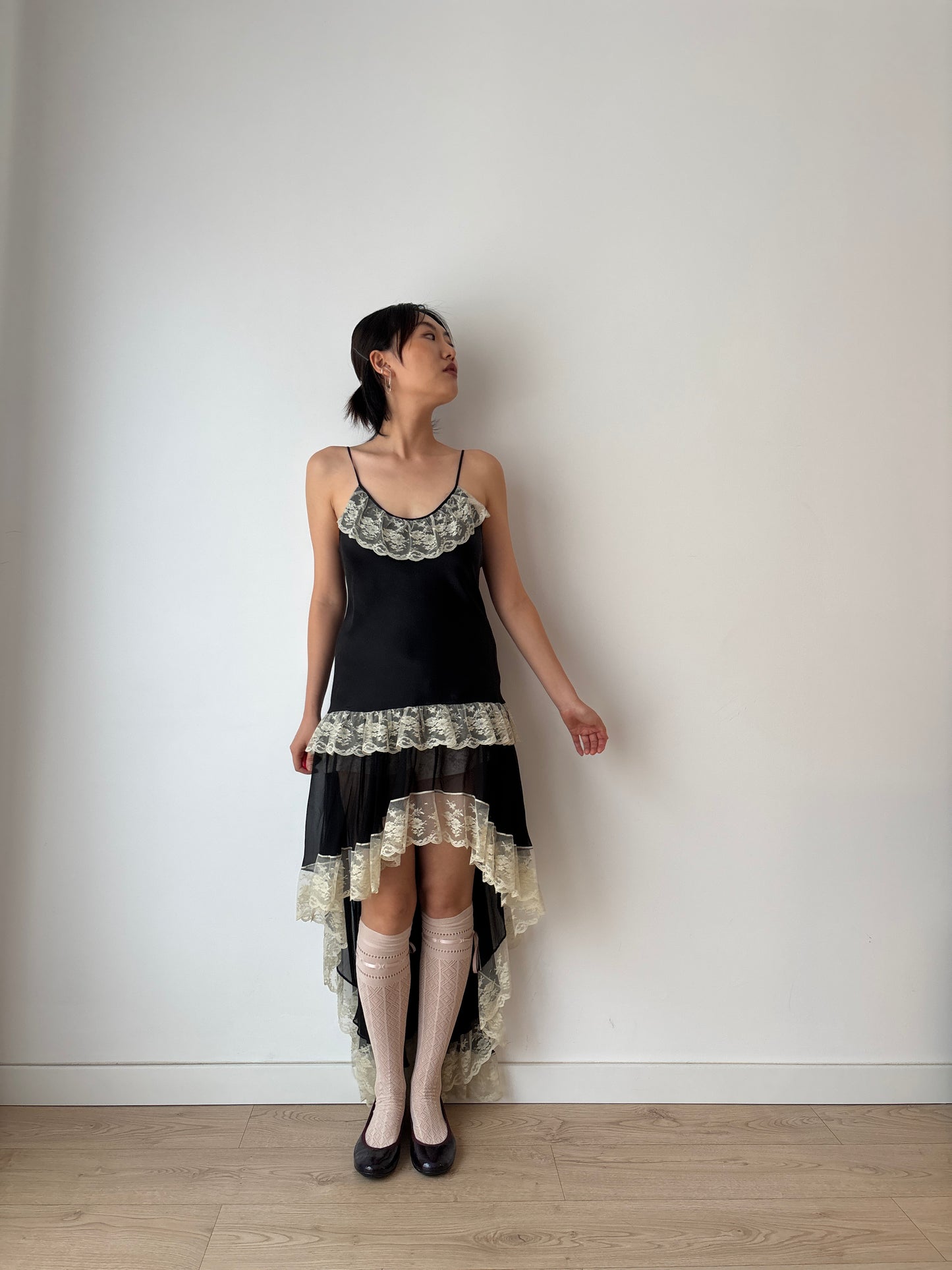 Vintage 90s Chic Y2K black liquid satin pure silk rich lace art deco style nightgown maxi slip dress