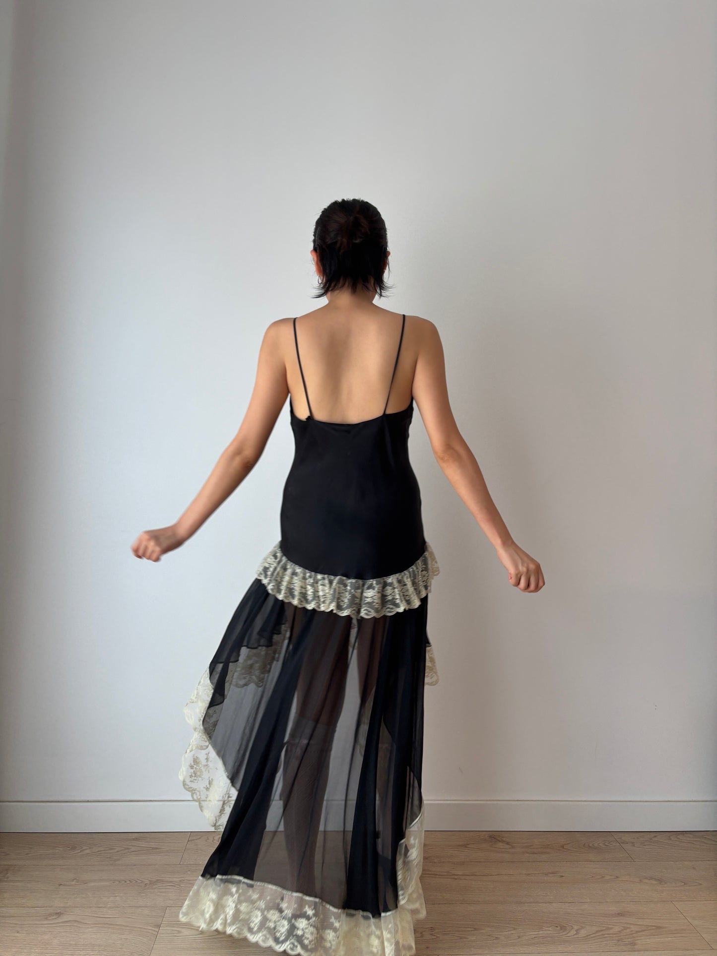 Vintage 90s Chic Y2K black liquid satin pure silk rich lace art deco style nightgown maxi slip dress