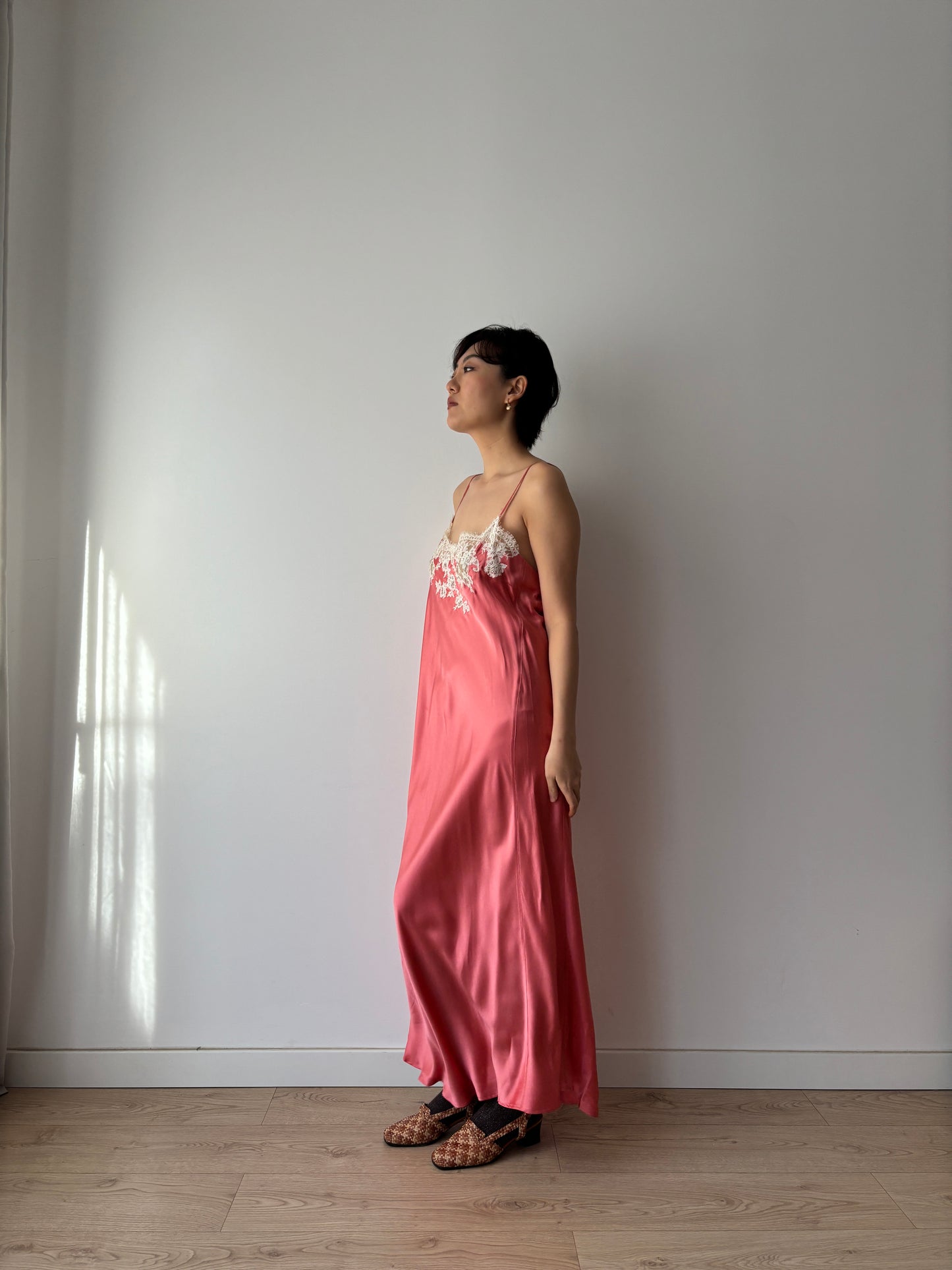 Vintage 1990s simple chic Pink Silk Lace Nightgown