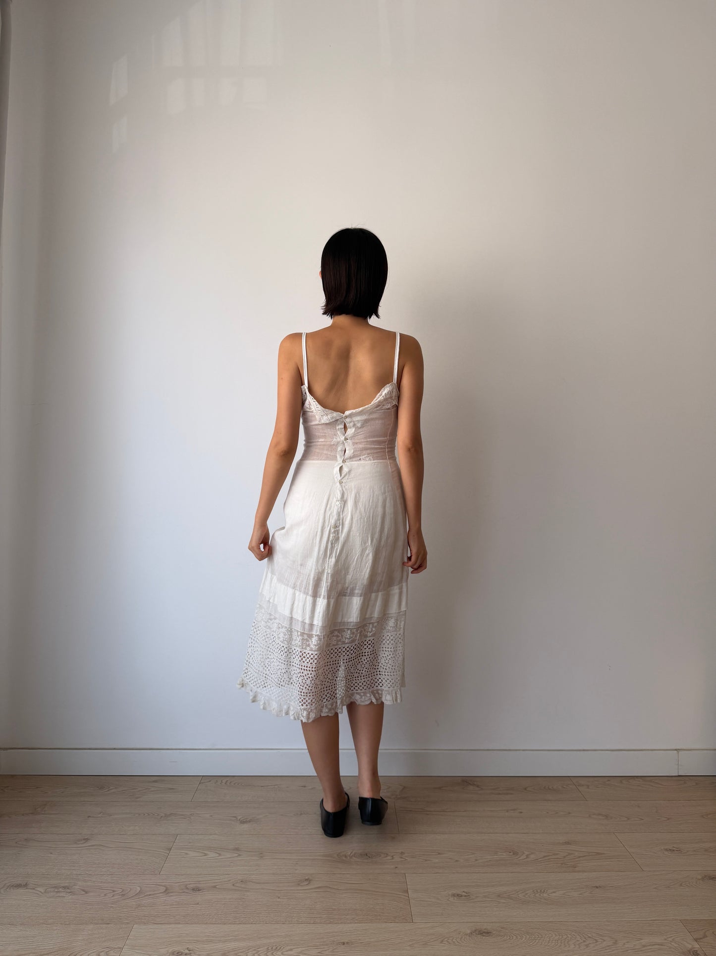 Antique Edwardian White Cotton Lawn Dress, Lace Embroidered Maxi, Romantic Cottage