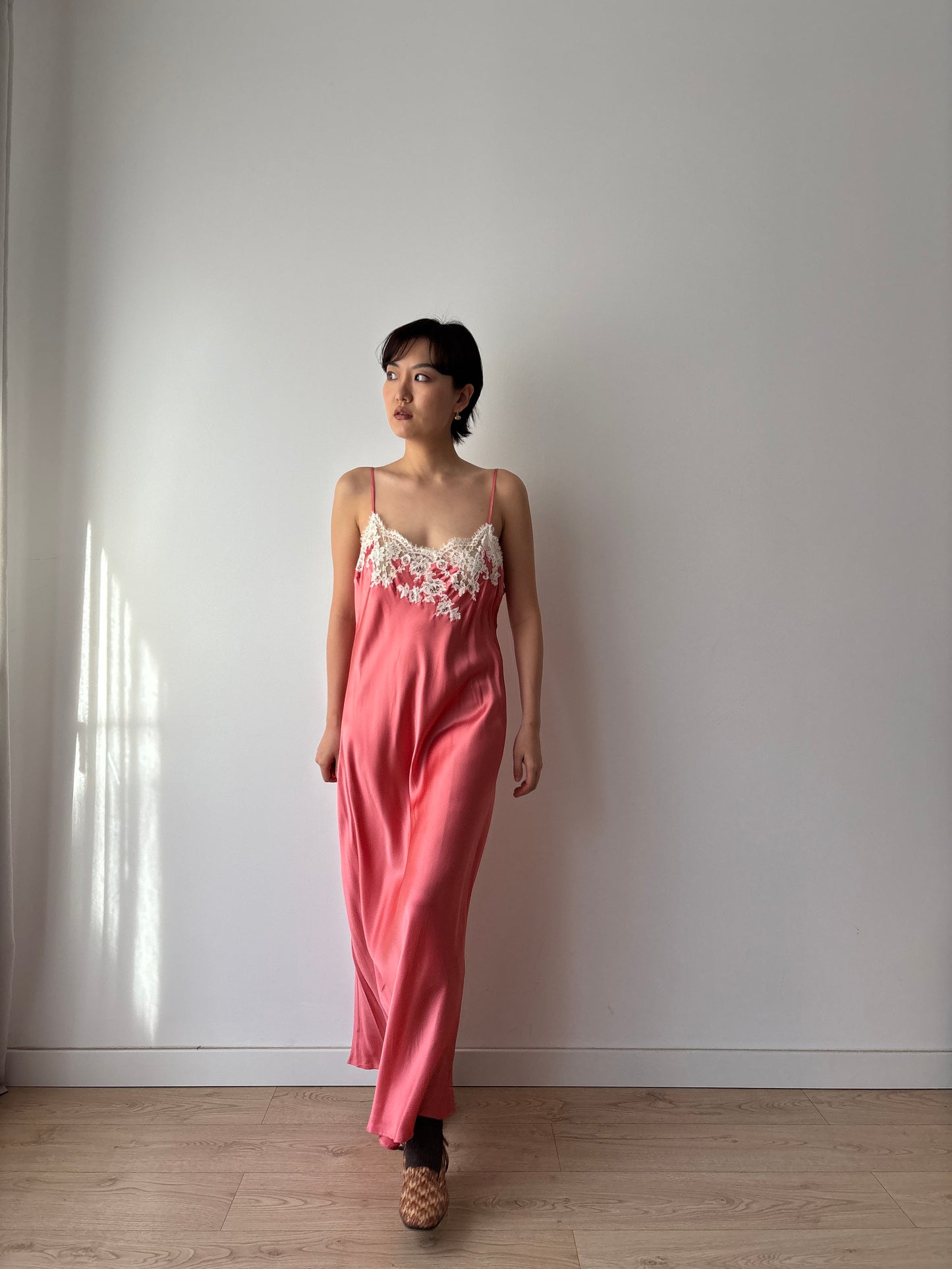 Vintage 1990s simple chic Pink Silk Lace Nightgown